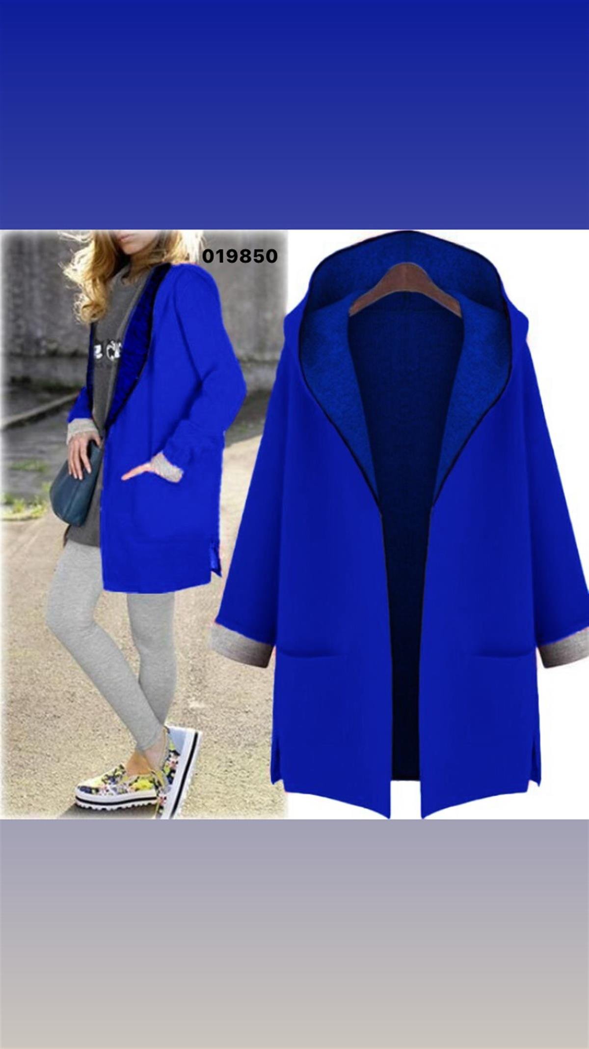 MAVİ Kapşonlu çift cep detaylı kaşe ceket kaban BÜYÜK BEDENLER 