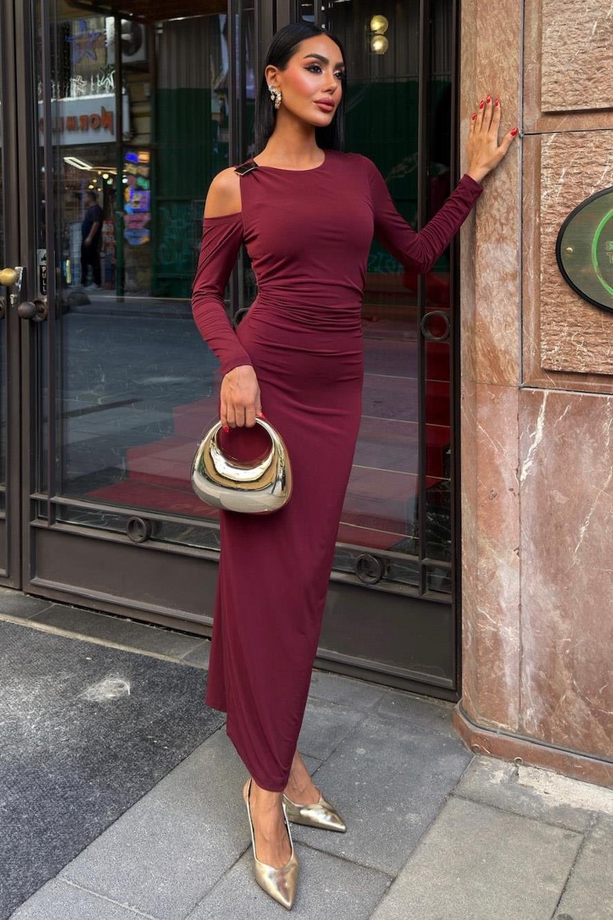 Omuz Aksesuarlı ve Dekolteli Drape Elbise 2912 R5-E-K1