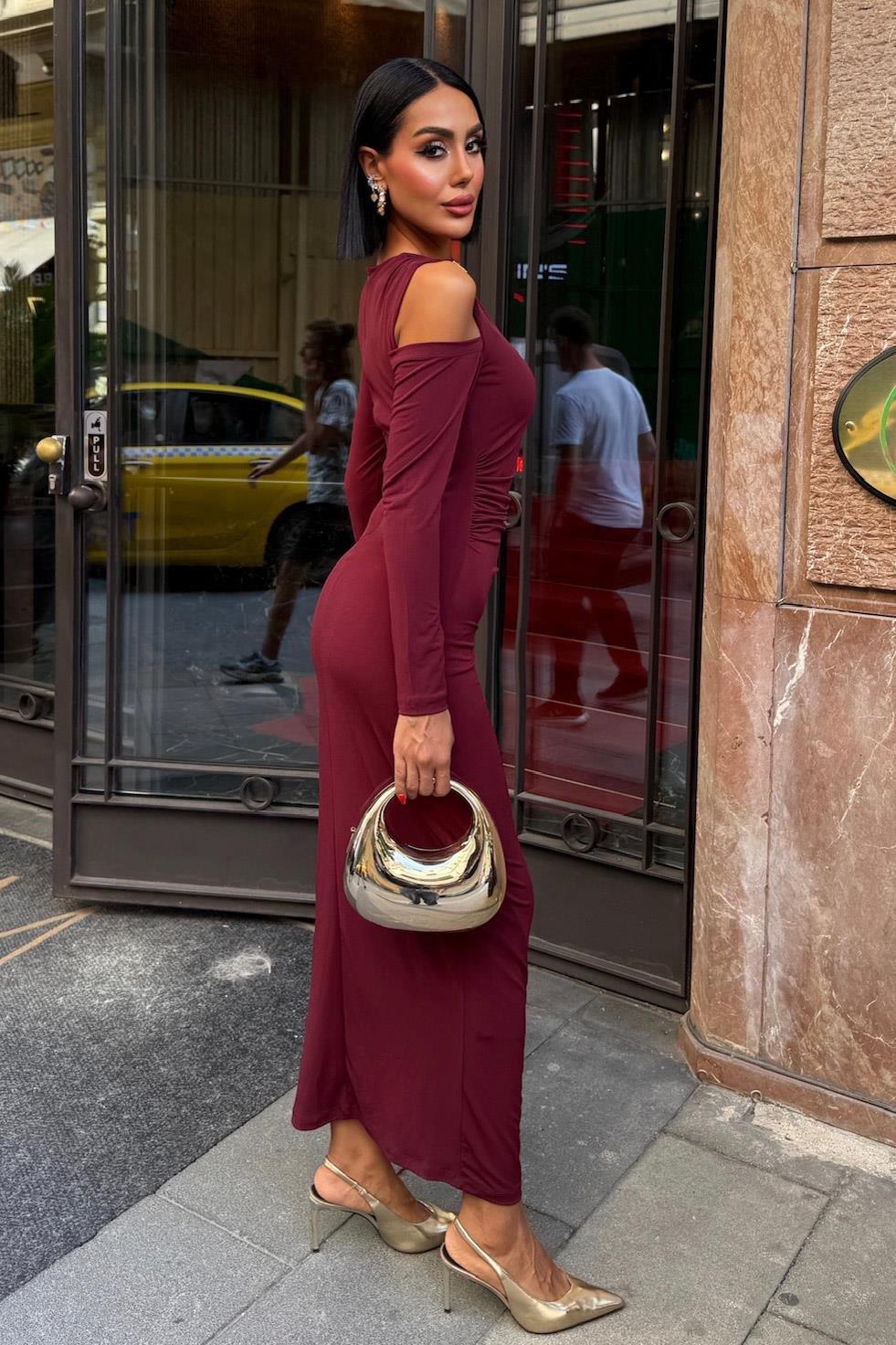 Omuz Aksesuarlı ve Dekolteli Drape Elbise 2912 R5-E-K1