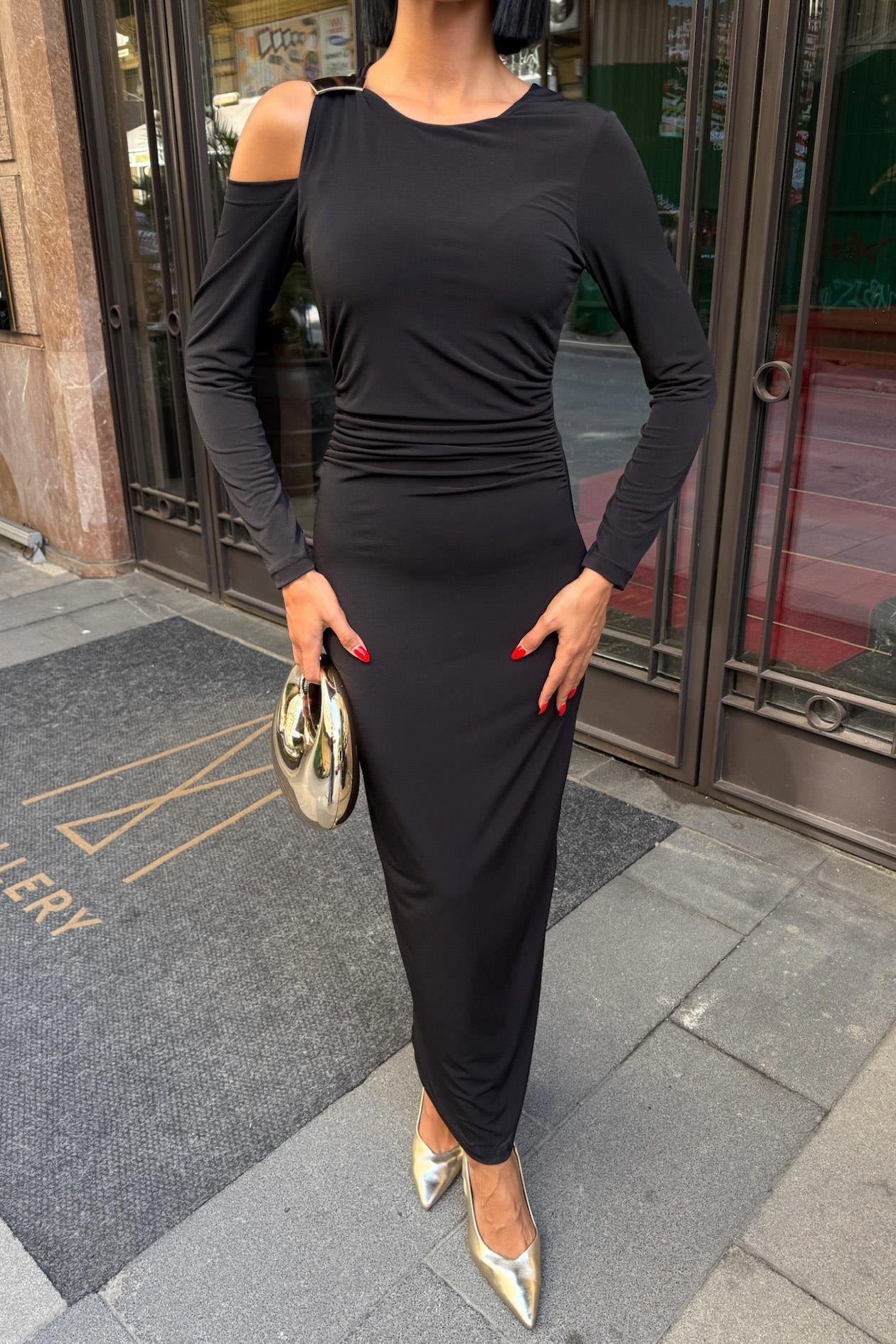 Omuz Aksesuarlı ve Dekolteli Drape Elbise 2912 R5-E-K1