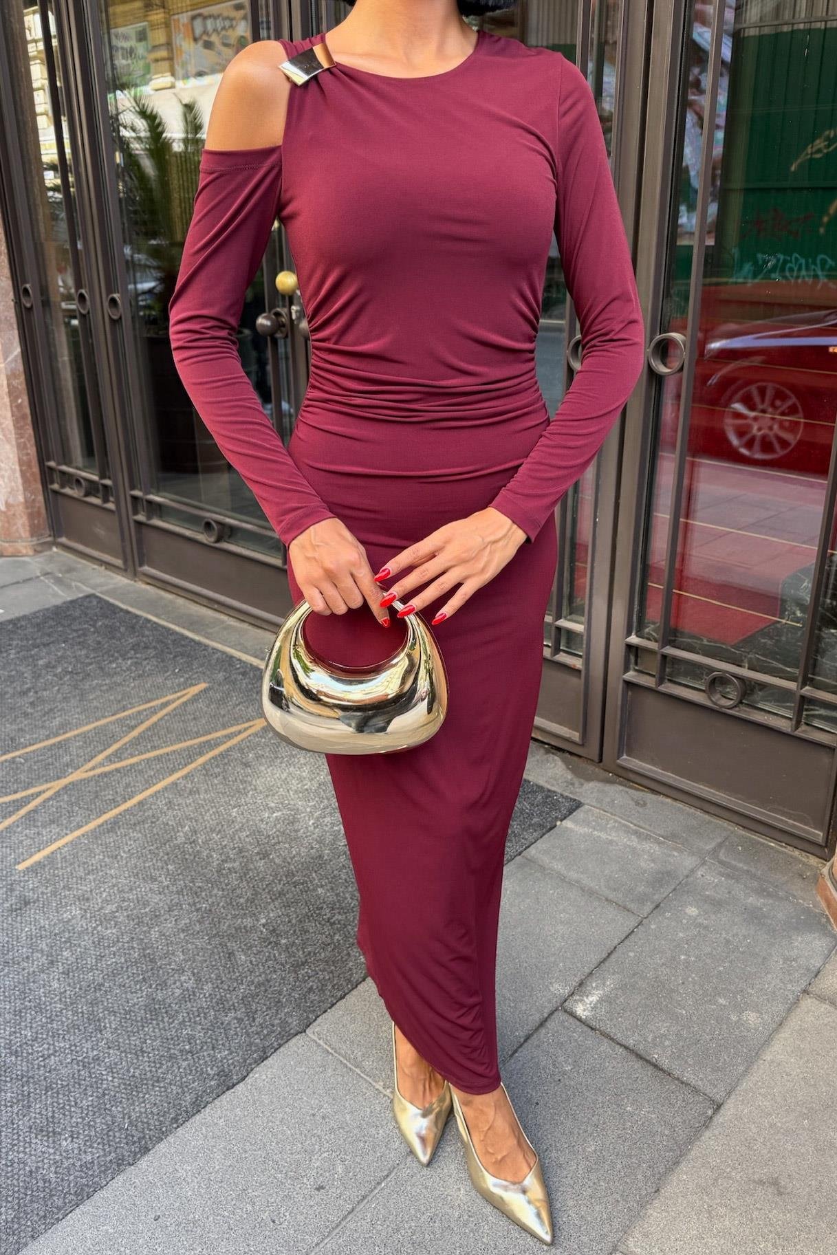 Omuz Aksesuarlı ve Dekolteli Drape Elbise 2912 R5-E-K1