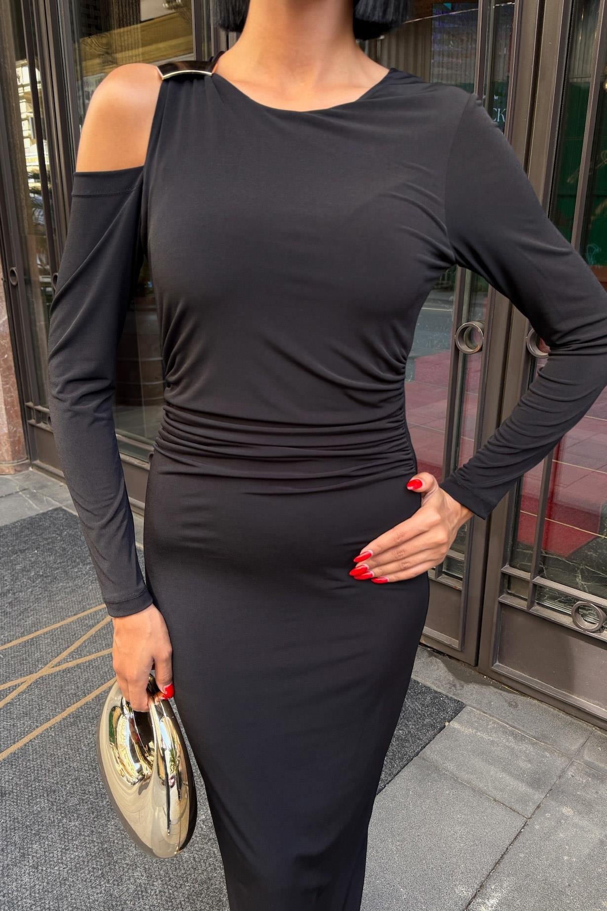 Omuz Aksesuarlı ve Dekolteli Drape Elbise 2912 R5-E-K1