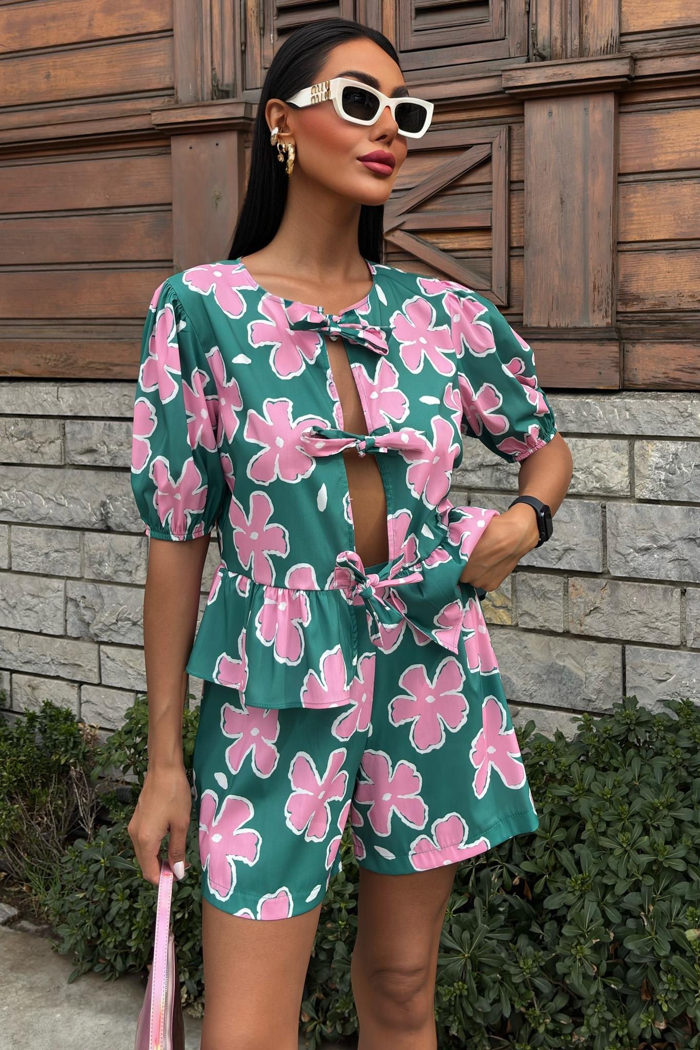 Önden Bağlamalı Çiçek Desenli Poplin Takım 10122 R6-K-K2