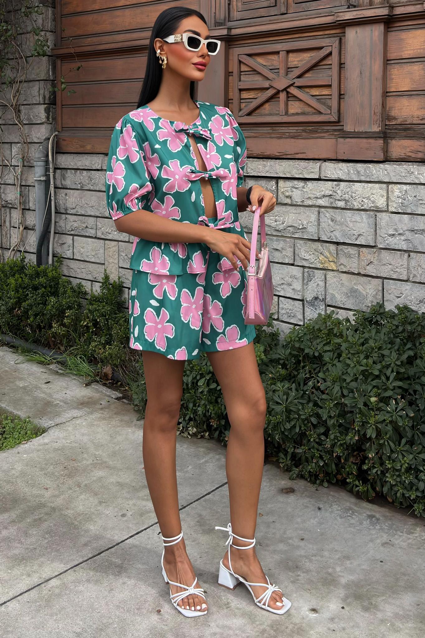 Önden Bağlamalı Çiçek Desenli Poplin Takım 10122 R6-K-K2