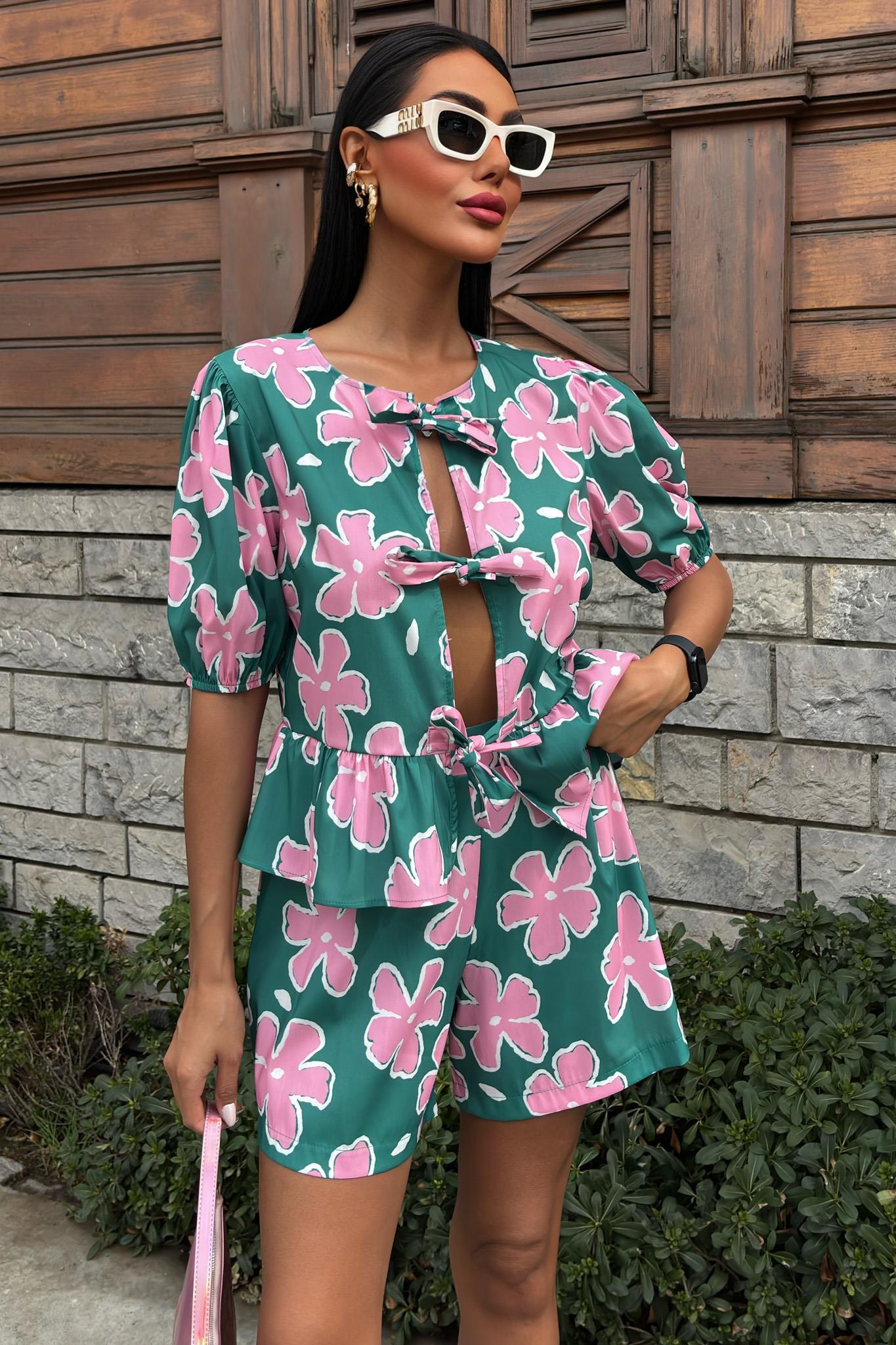 Önden Bağlamalı Çiçek Desenli Poplin Takım 10122 R6-K-K2