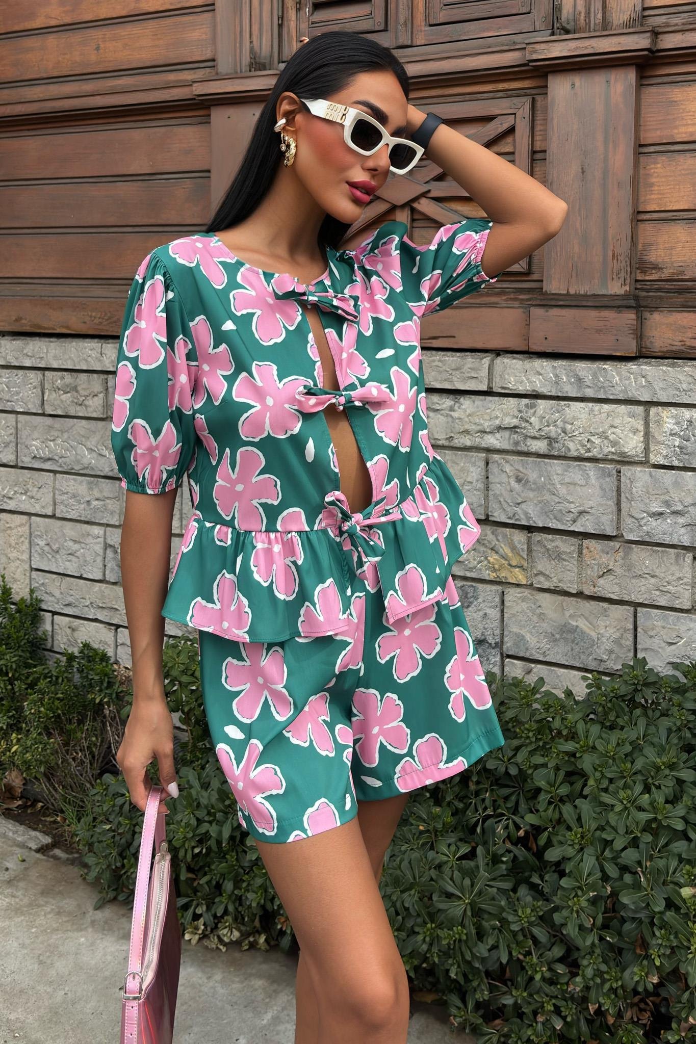 Önden Bağlamalı Çiçek Desenli Poplin Takım 10122 R6-K-K2