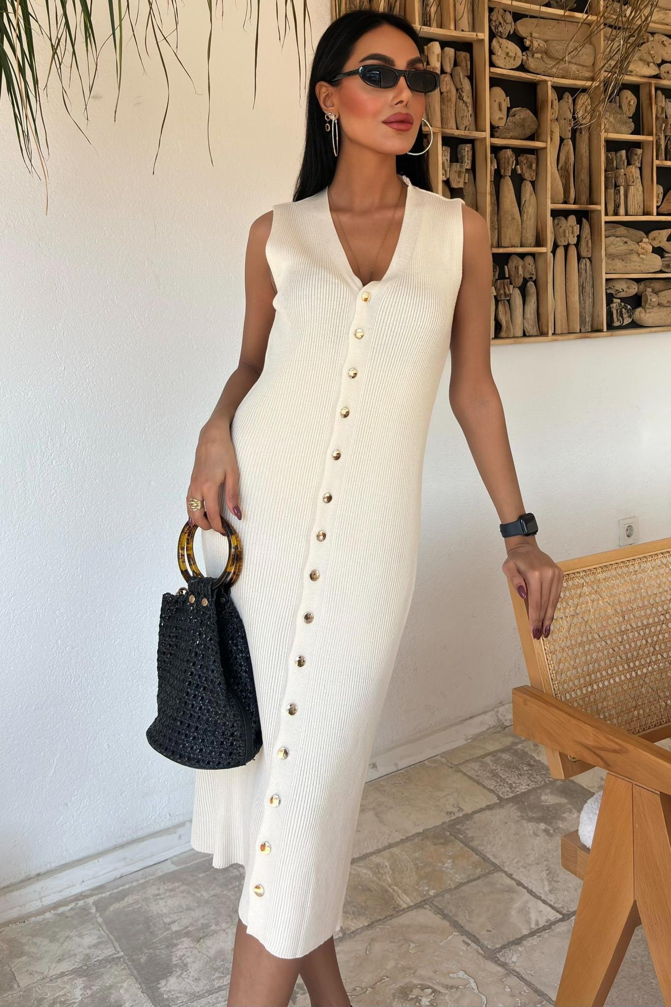 Önü Düğmeli Fitilli Kolsuz Elbise 2832 R2-A-K4