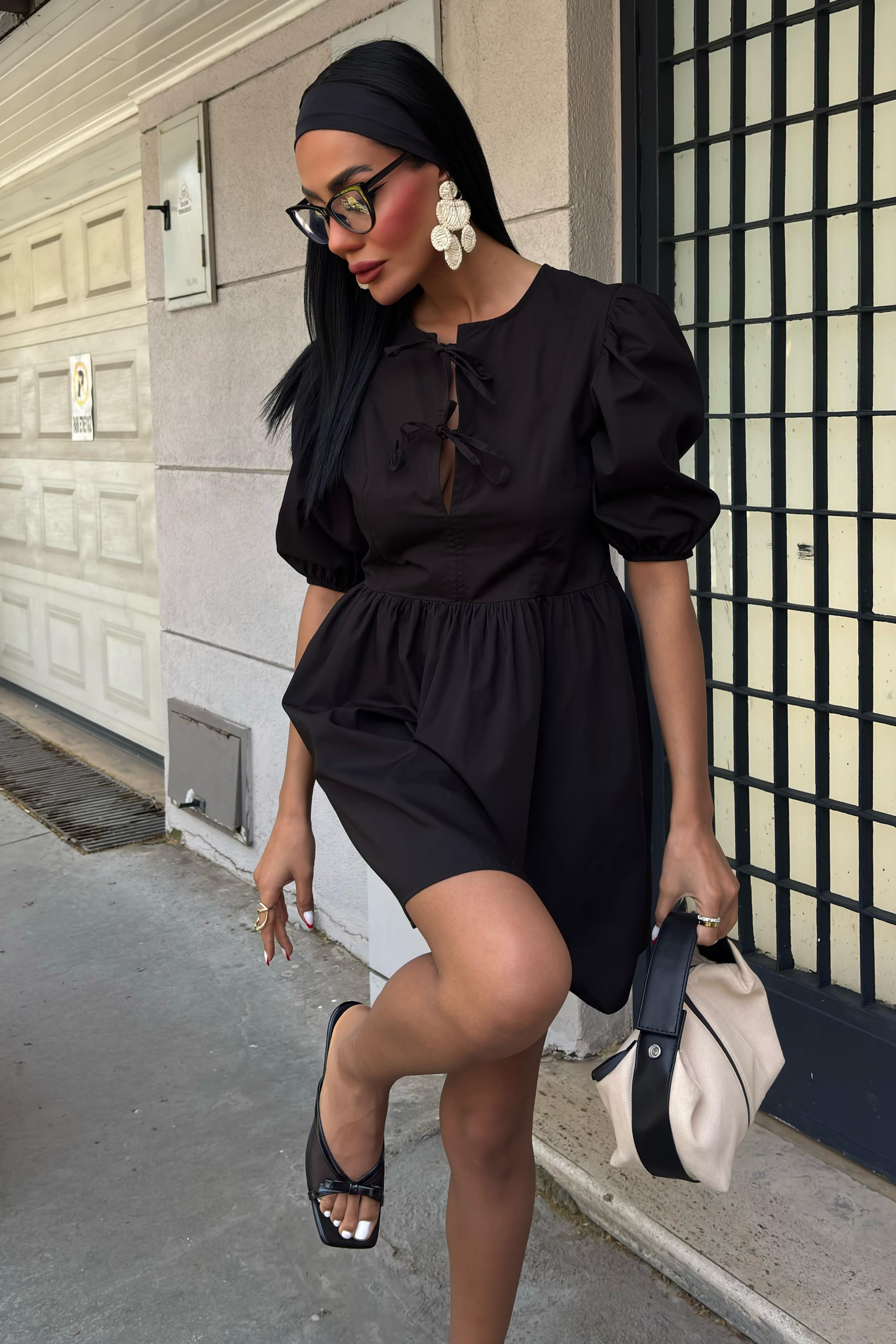 Önü Fiyonk Bağlamalı ve Balon Kollu Elbise 2893 R9-B-K4