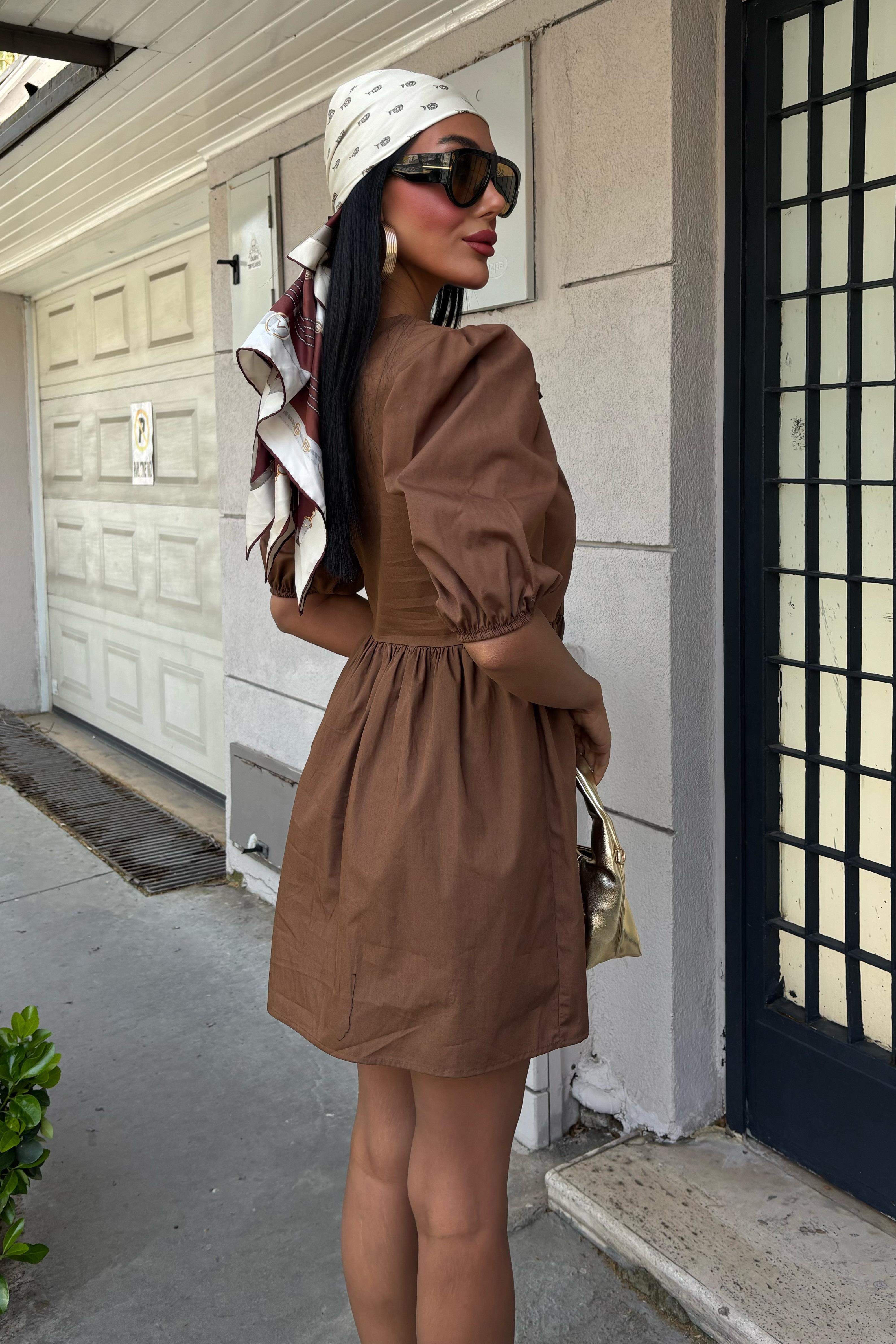 Önü Fiyonk Bağlamalı ve Balon Kollu Elbise 2893 R9-B-K4