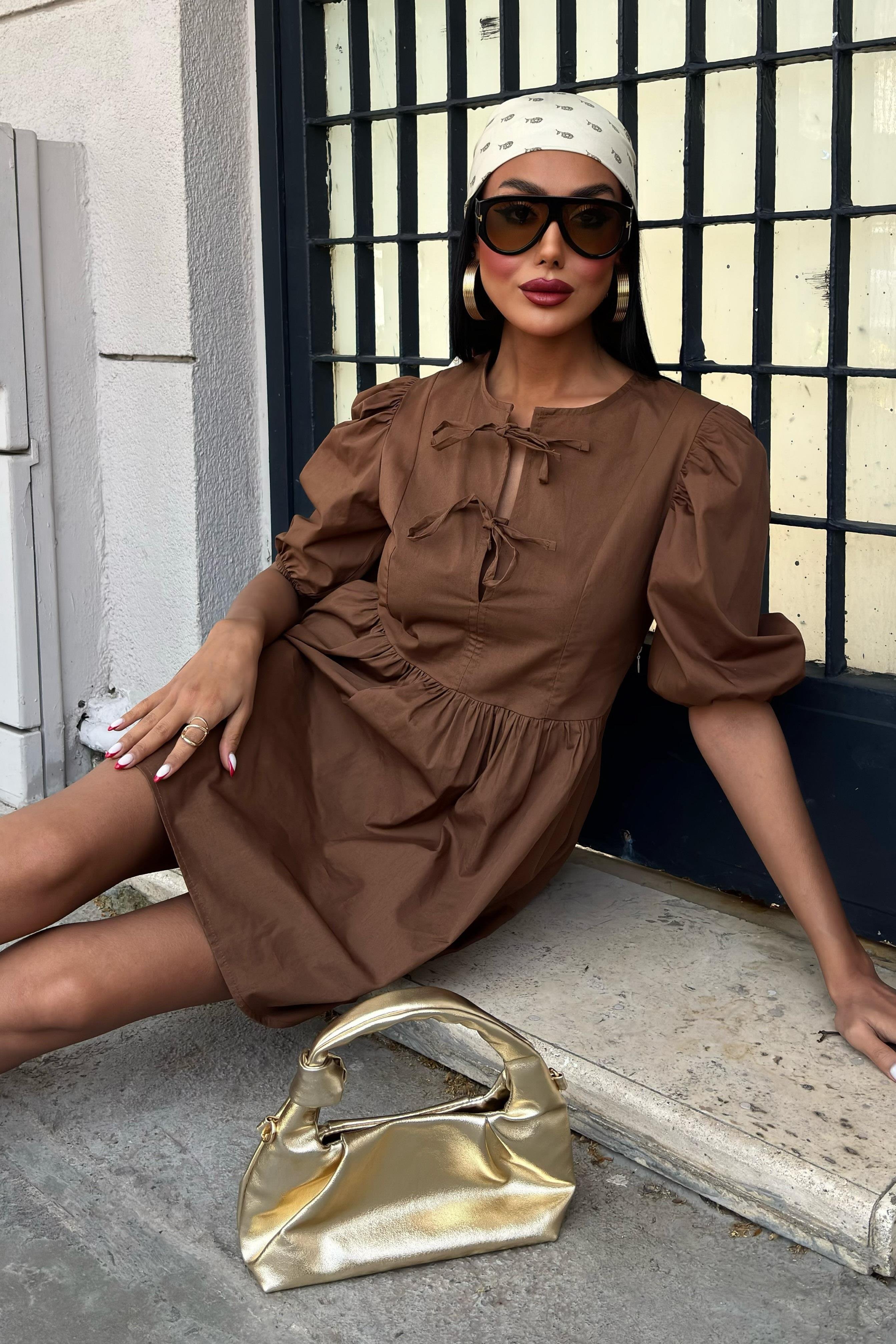 Önü Fiyonk Bağlamalı ve Balon Kollu Elbise 2893 R9-B-K4