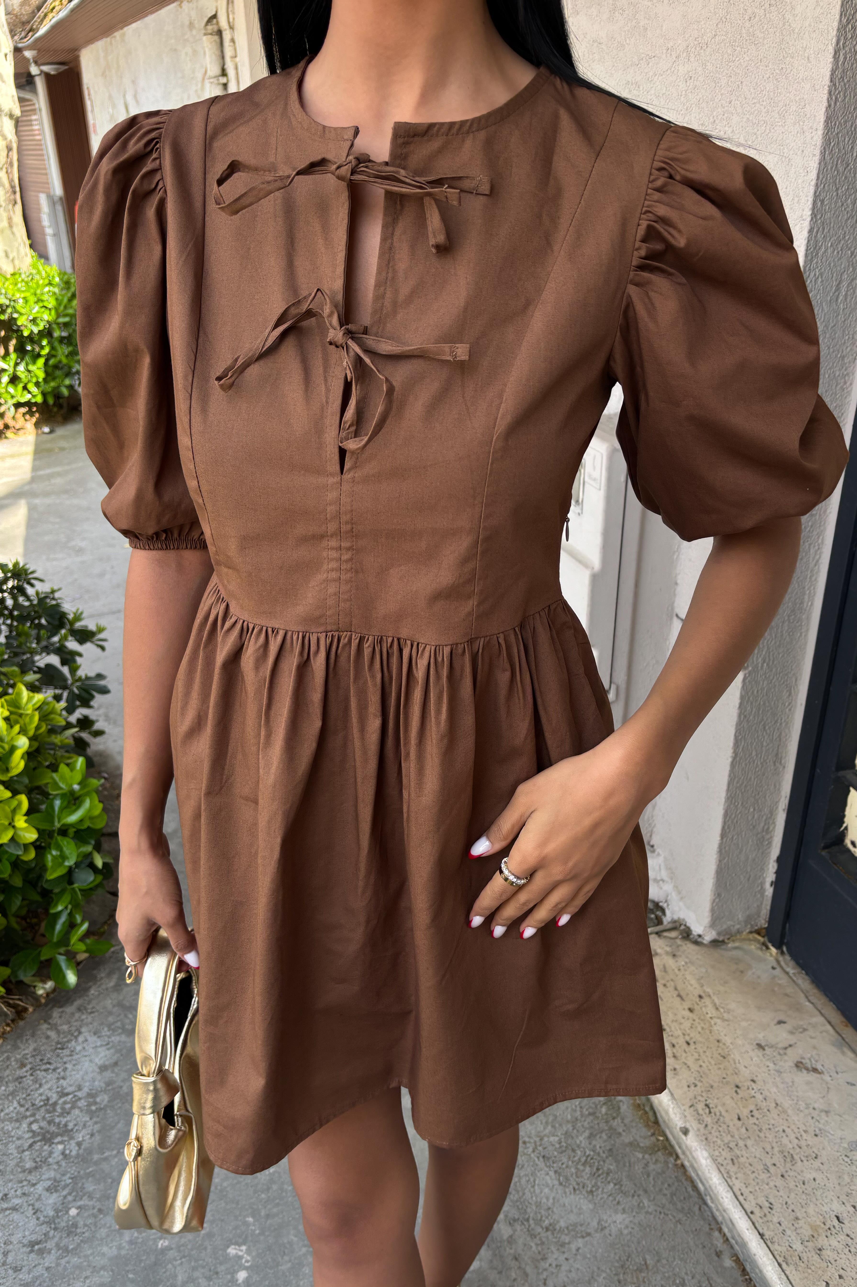 Önü Fiyonk Bağlamalı ve Balon Kollu Elbise 2893 R9-B-K4