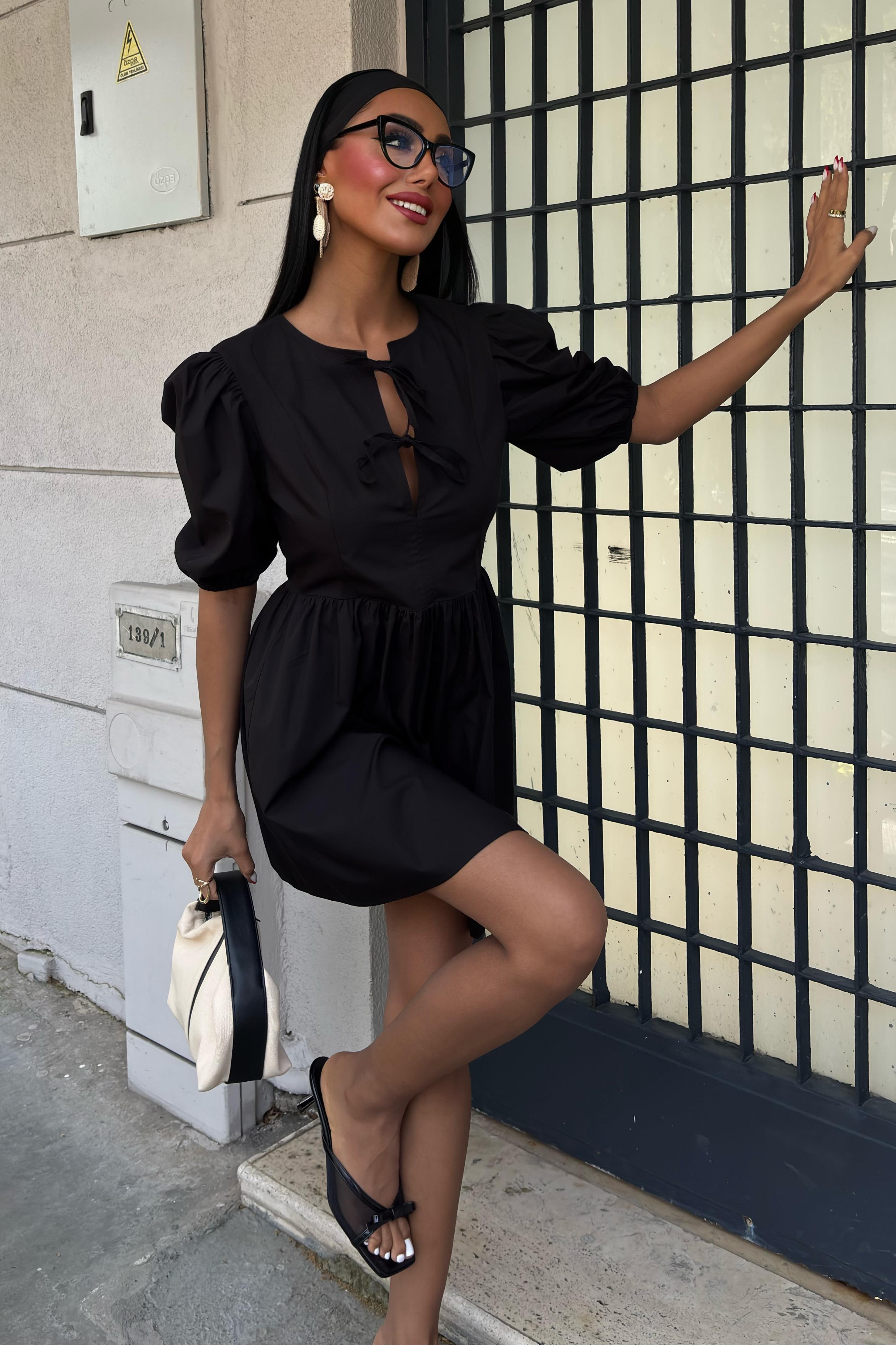 Önü Fiyonk Bağlamalı ve Balon Kollu Elbise 2893 R9-B-K4