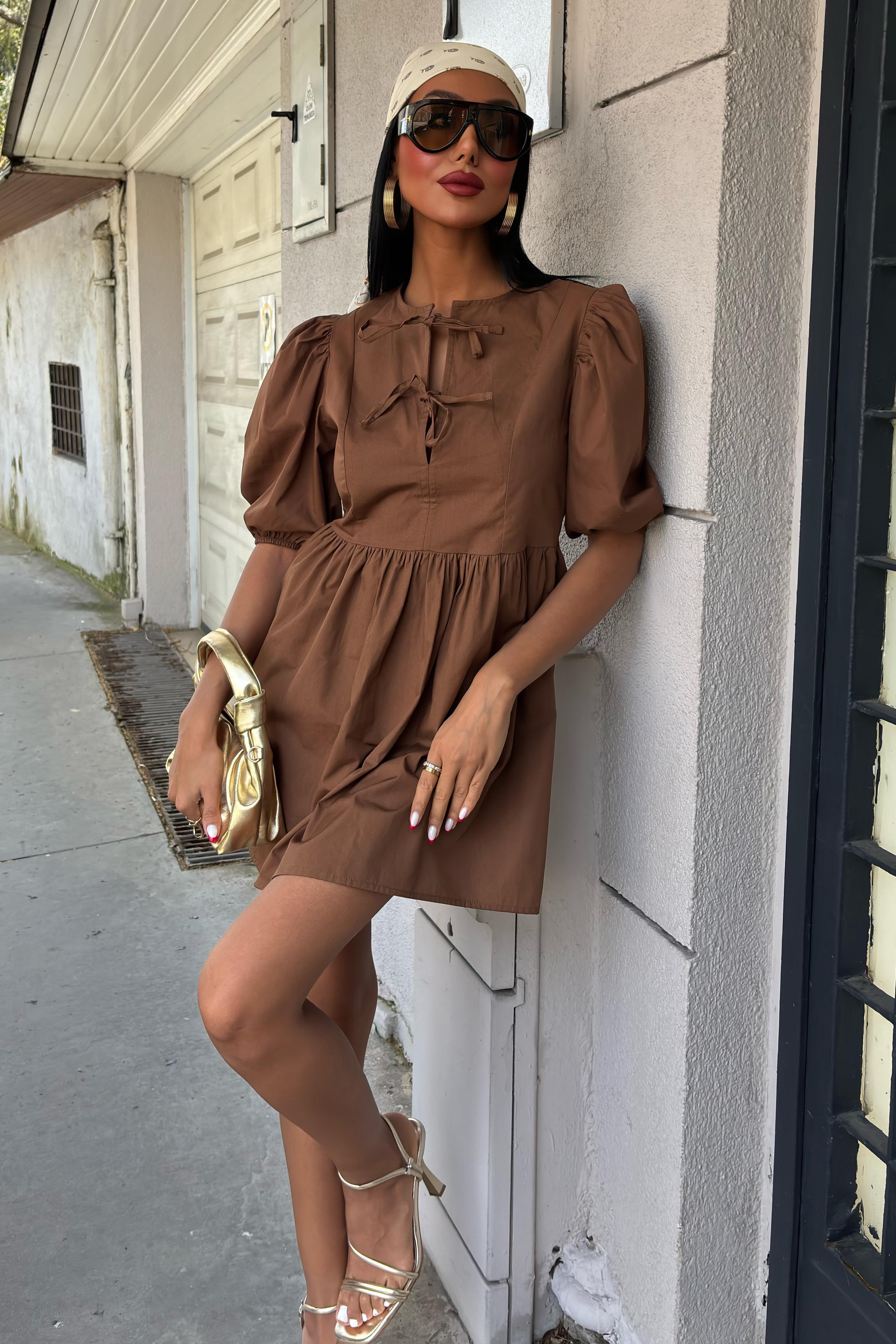 Önü Fiyonk Bağlamalı ve Balon Kollu Elbise 2893 R9-B-K4