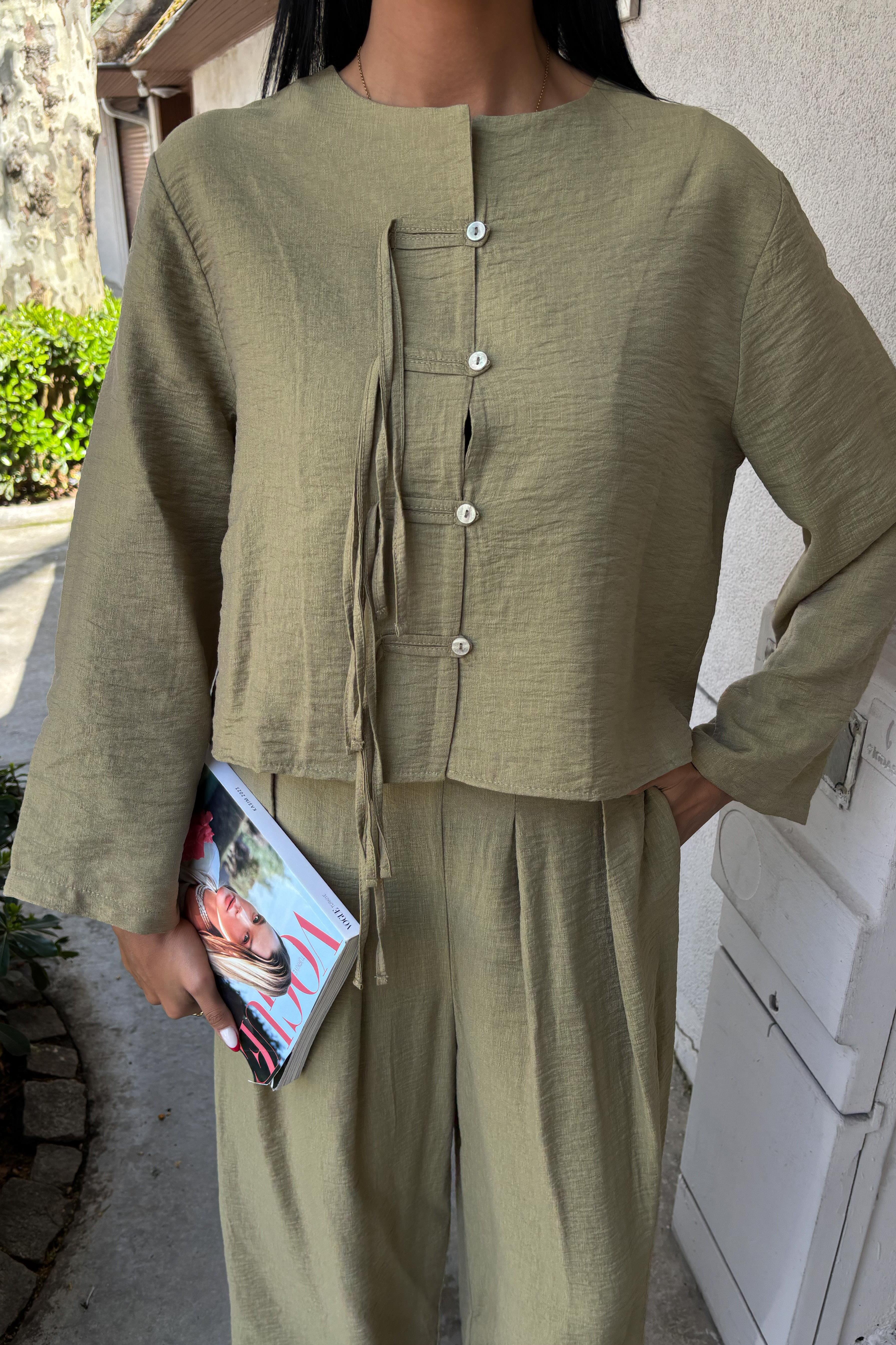 Önü İnce Kordon Detaylı ve Double Paça Pantolonlu Takım 10180 R7-K-K2