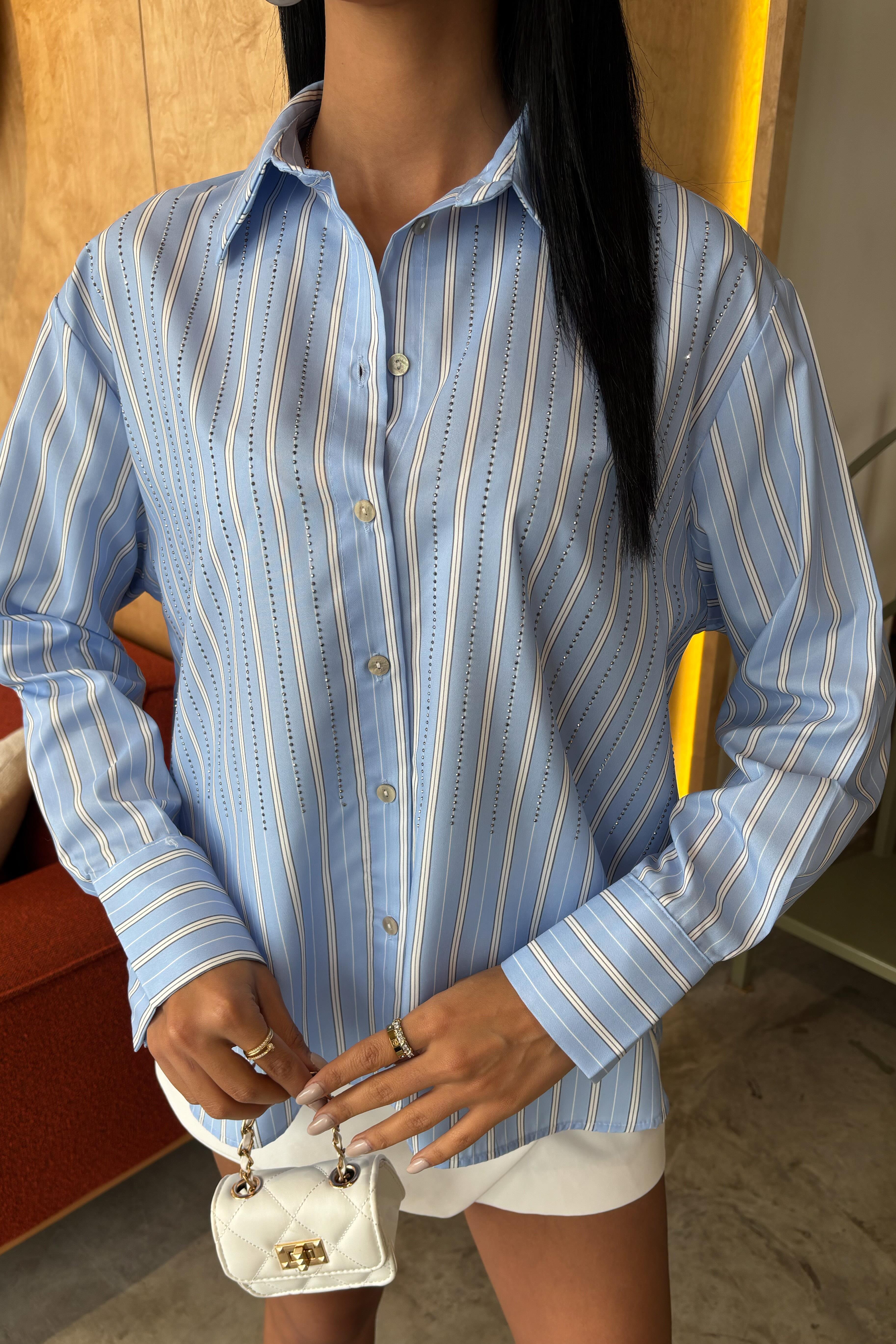 Önü Taşlı Çizgili Salaş Gömlek 3468-08 R7-I-K5