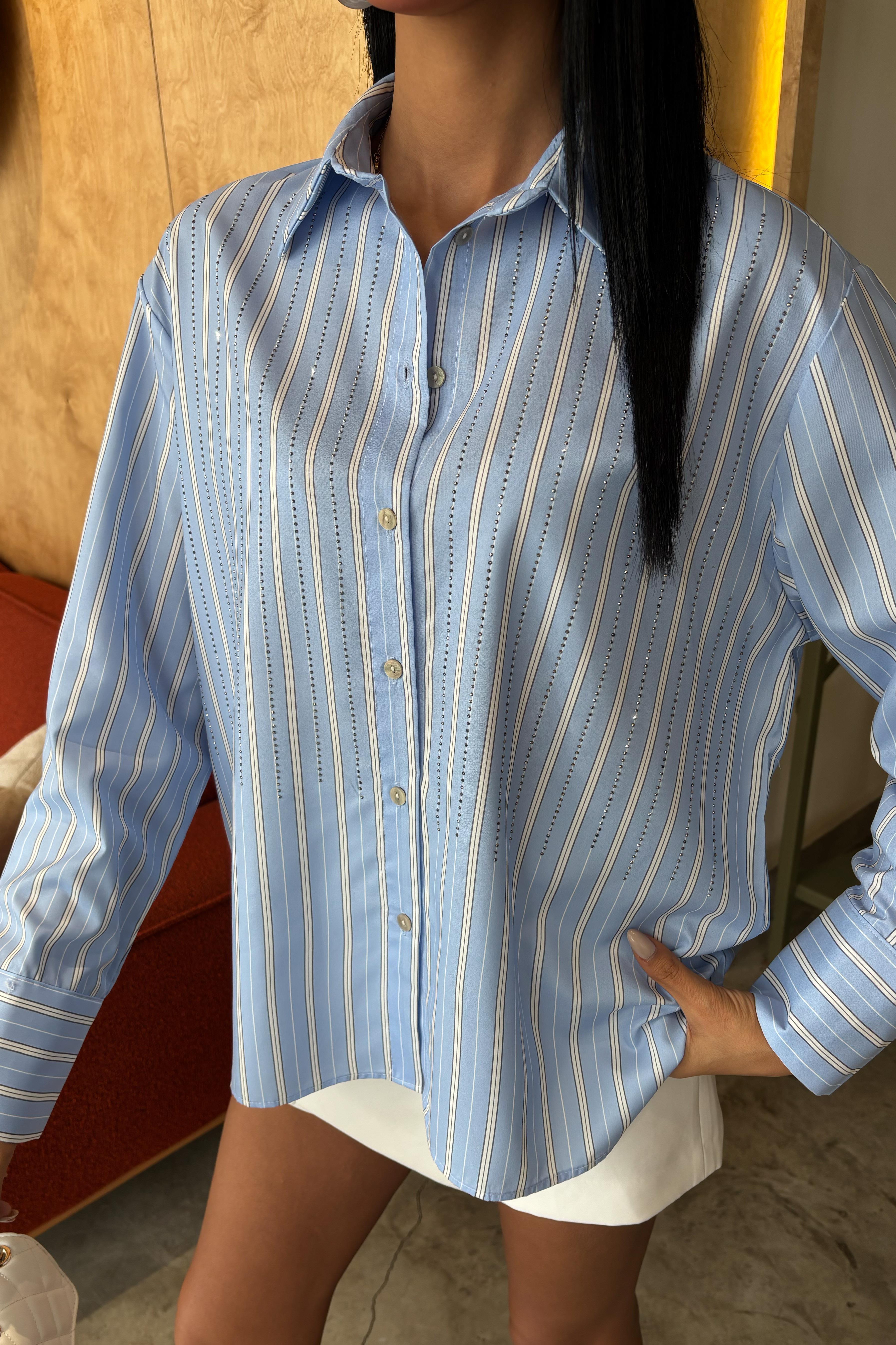 Önü Taşlı Çizgili Salaş Gömlek 3468-08 R7-I-K5