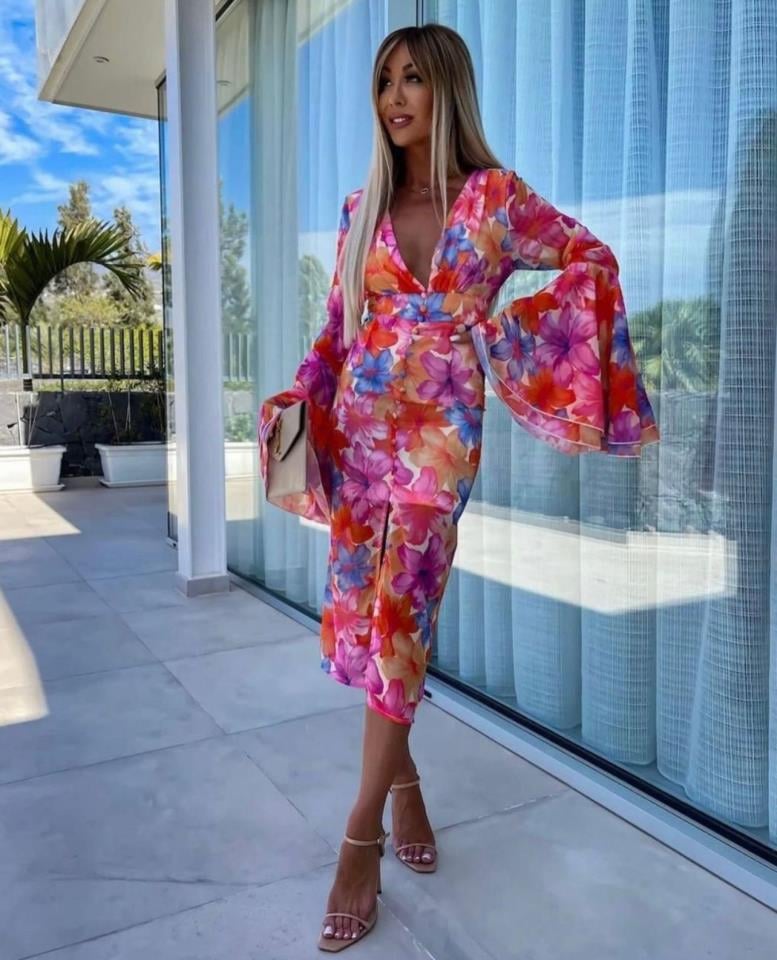 ÖZEL FİYAT Digital Baskı şifon Kumaş Astarlı Kaplama Düğme Detaylı Elbise