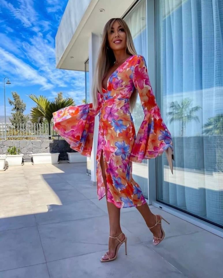 ÖZEL FİYAT Digital Baskı şifon Kumaş Astarlı Kaplama Düğme Detaylı Elbise