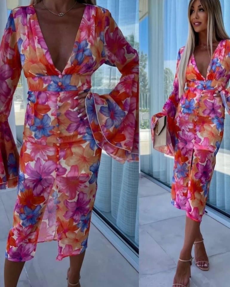 ÖZEL FİYAT Digital Baskı şifon Kumaş Astarlı Kaplama Düğme Detaylı Elbise