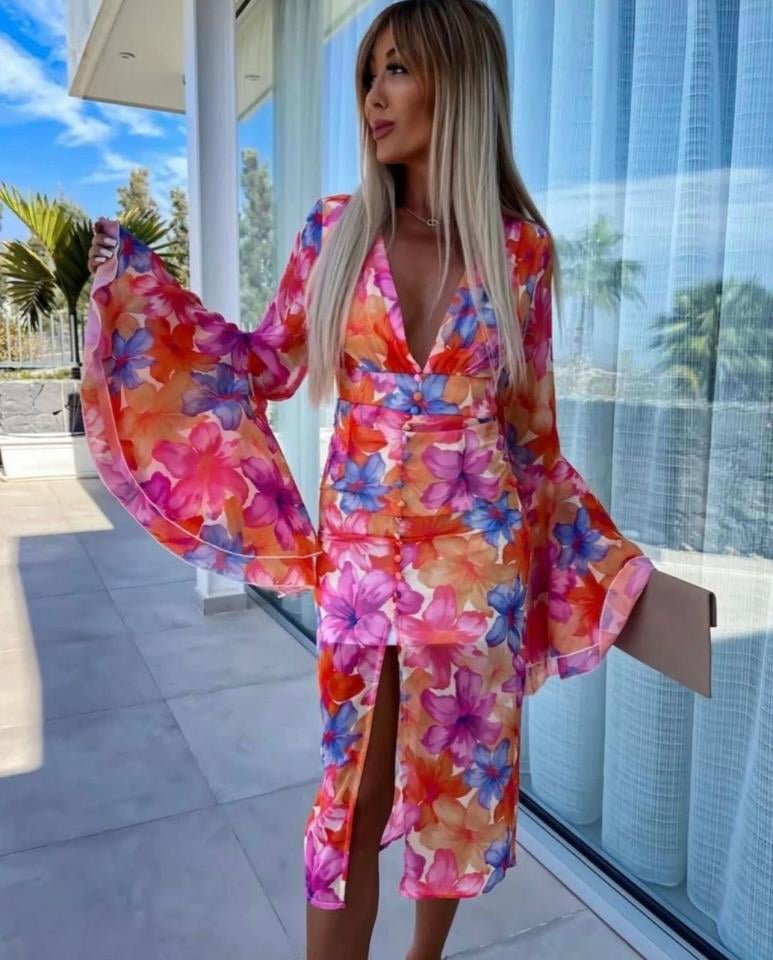 ÖZEL FİYAT Digital Baskı şifon Kumaş Astarlı Kaplama Düğme Detaylı Elbise