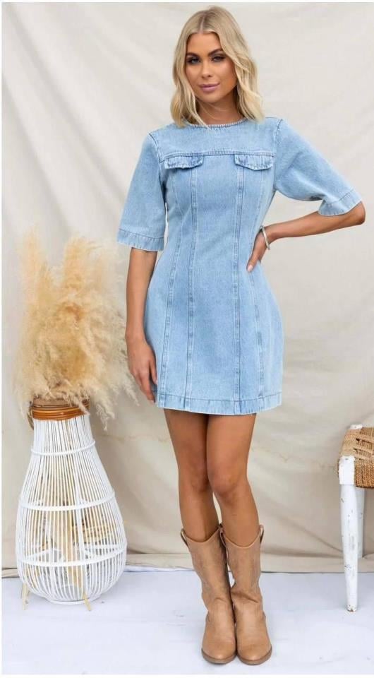 ÖZEL FİYAT İthal Digital Likralı Kot Görünümlü Sırtı Fermuarlı Elbise