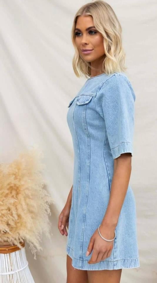 ÖZEL FİYAT İthal Digital Likralı Kot Görünümlü Sırtı Fermuarlı Elbise