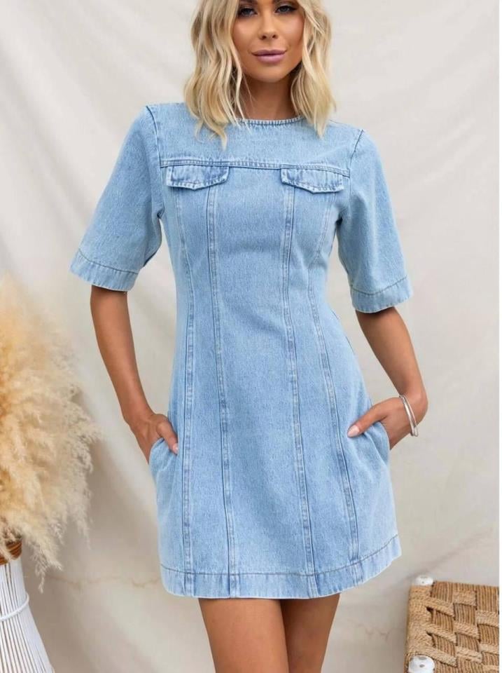 ÖZEL FİYAT İthal Digital Likralı Kot Görünümlü Sırtı Fermuarlı Elbise