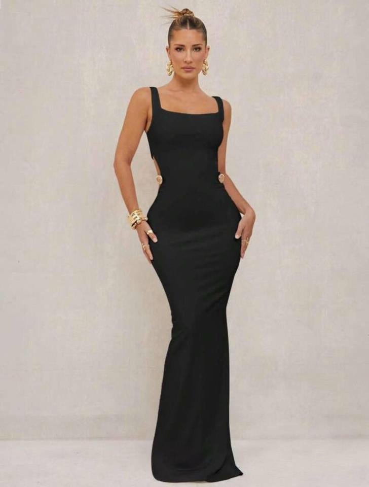 ÖZEL FİYAT Kalın Askılı Yanları Düğme Detaylı Sırt Dekolteli Yırtmaçlı Elbise