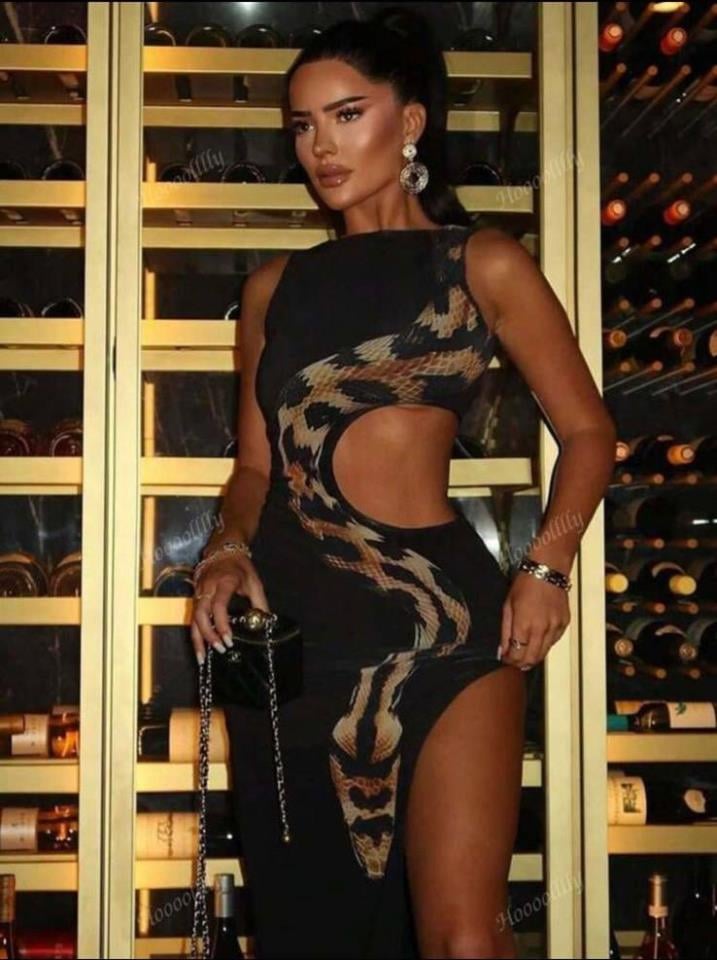 ÖZEL FİYAT Yılan Baskı Dekolteli Dalgıç Kumaş Tasarım Elbise