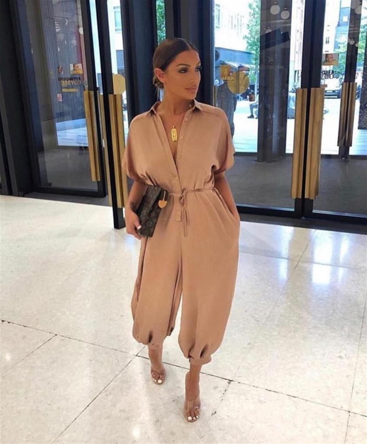 Paça ve düğme detay tulum - BEJ