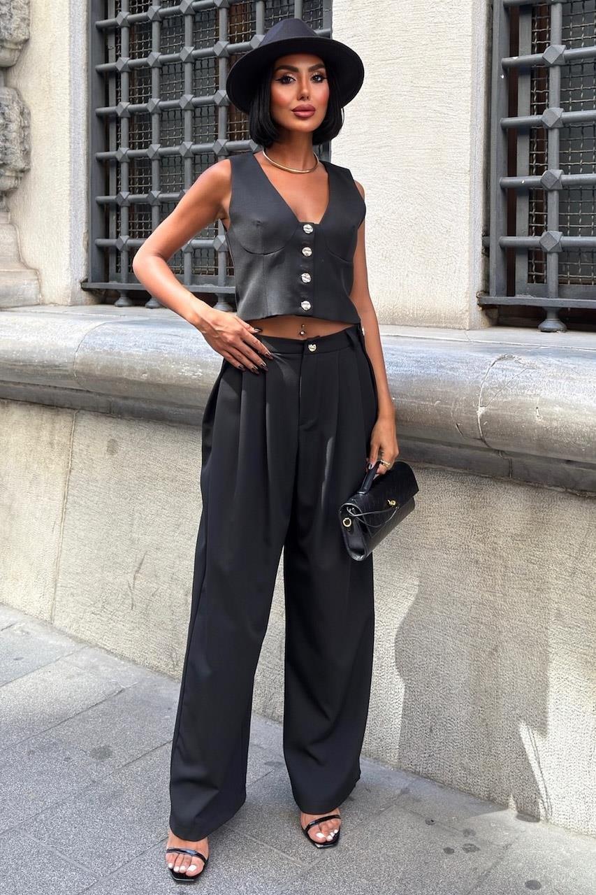 Pantolonu Yan Pile ve Düğme Detaylı Yelekli Takım 10261 R10-E-K5