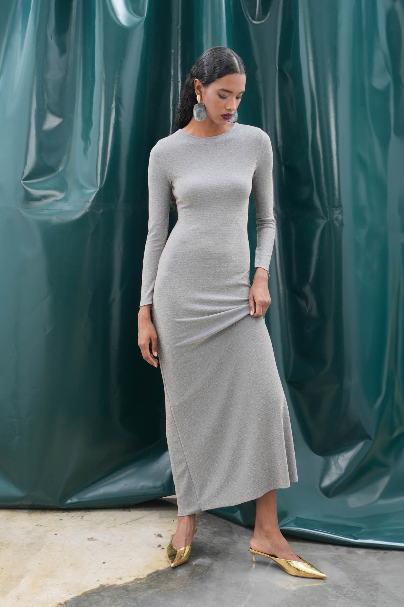 Perla Maxi Uzun Kol Sırt Dekolte Elbise 2815