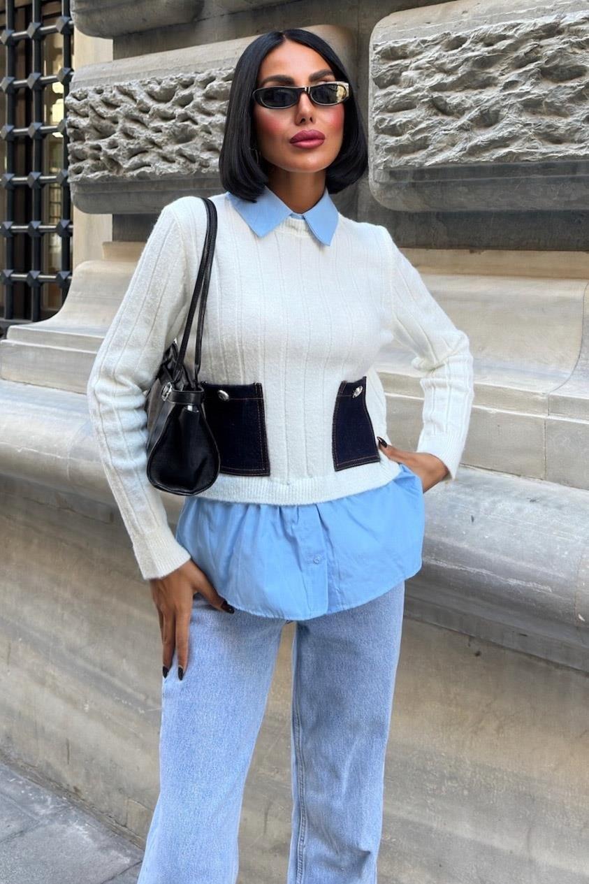 Poplin ve Denim Garnili Triko Kazak 1374