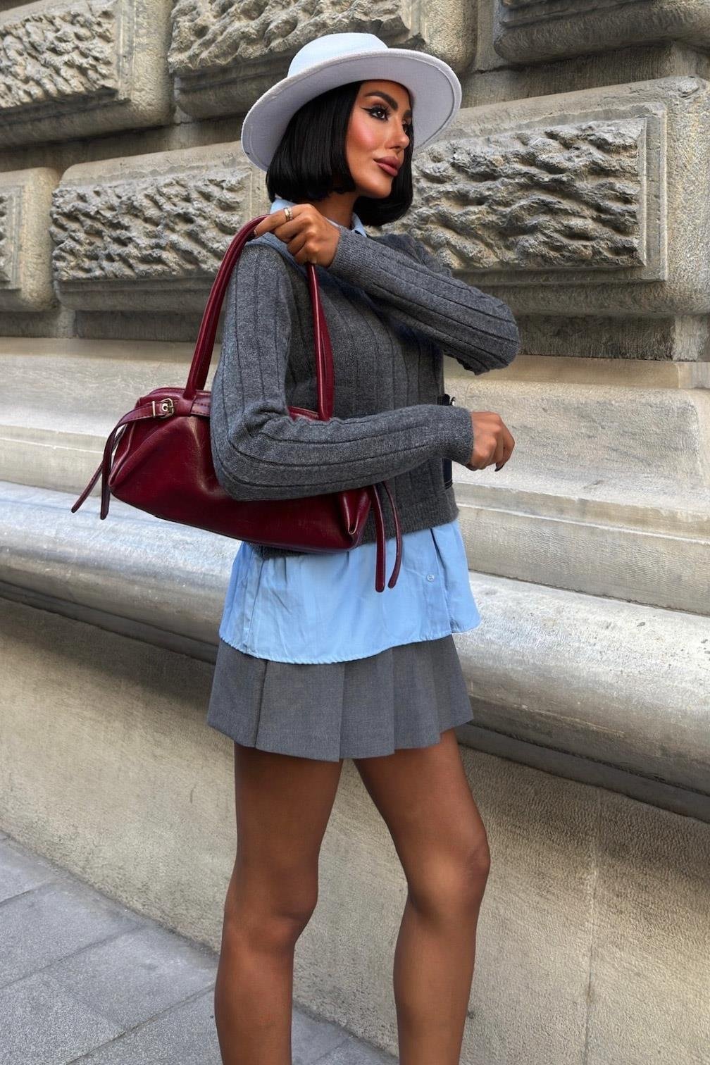 Poplin ve Denim Garnili Triko Kazak 1374