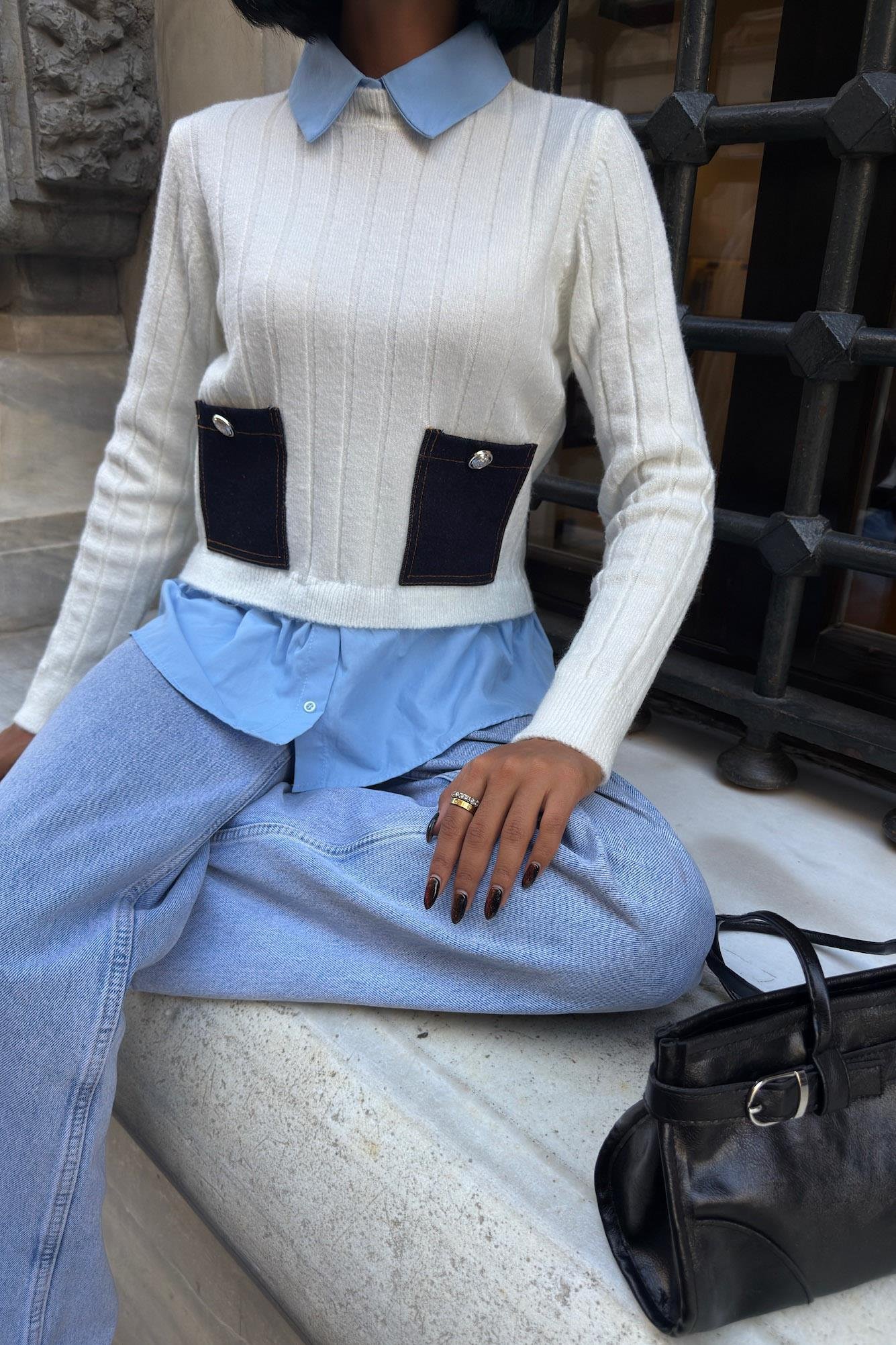 Poplin ve Denim Garnili Triko Kazak 1374