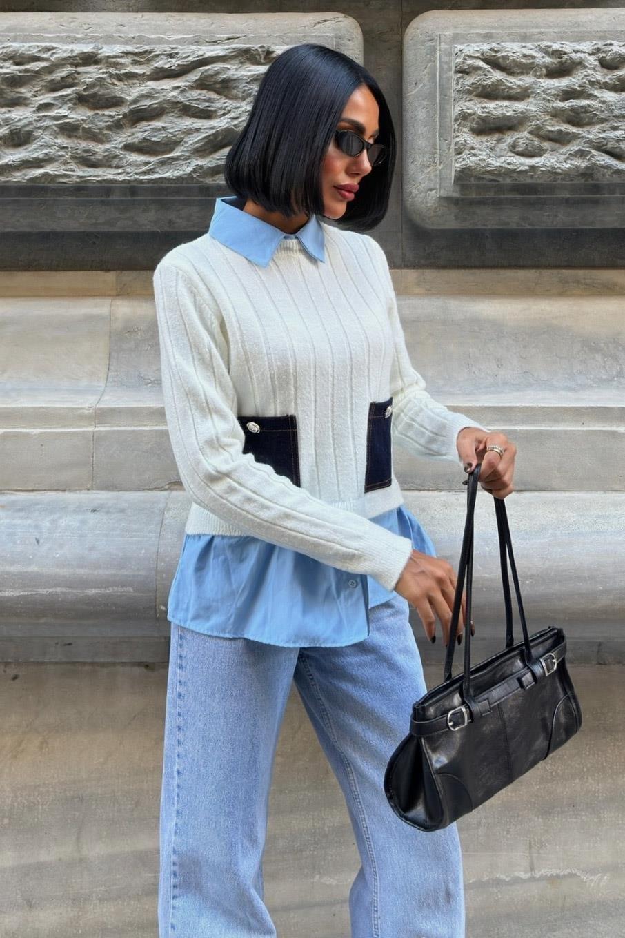 Poplin ve Denim Garnili Triko Kazak 1374