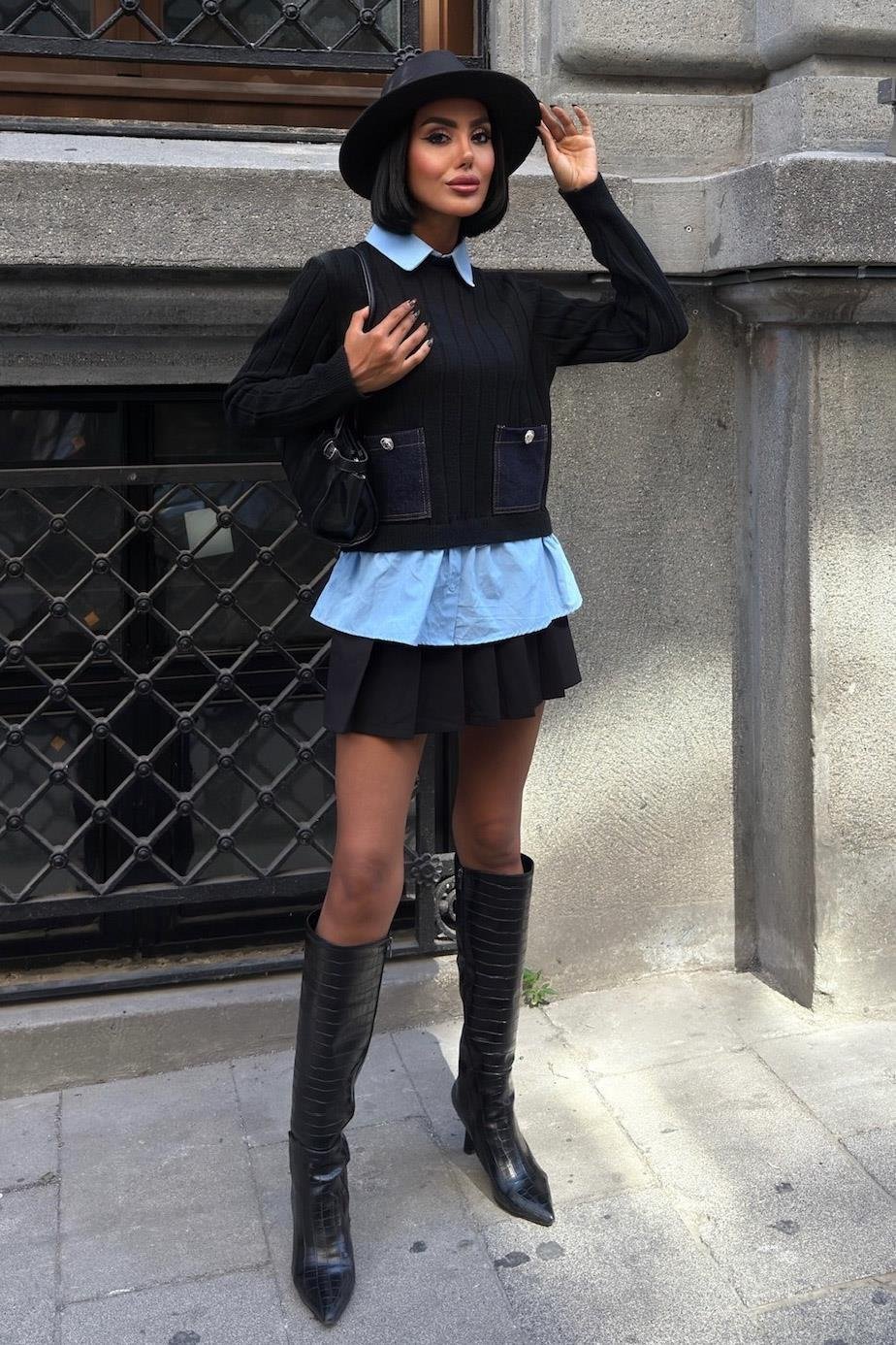 Poplin ve Denim Garnili Triko Kazak 1374