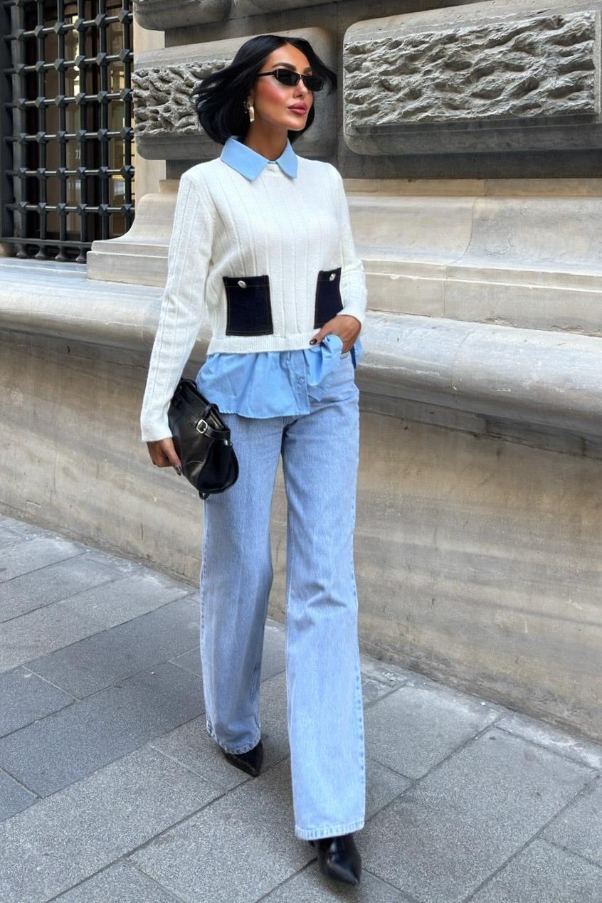 Poplin ve Denim Garnili Triko Kazak 1374