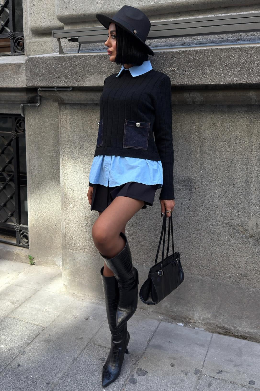 Poplin ve Denim Garnili Triko Kazak 1374