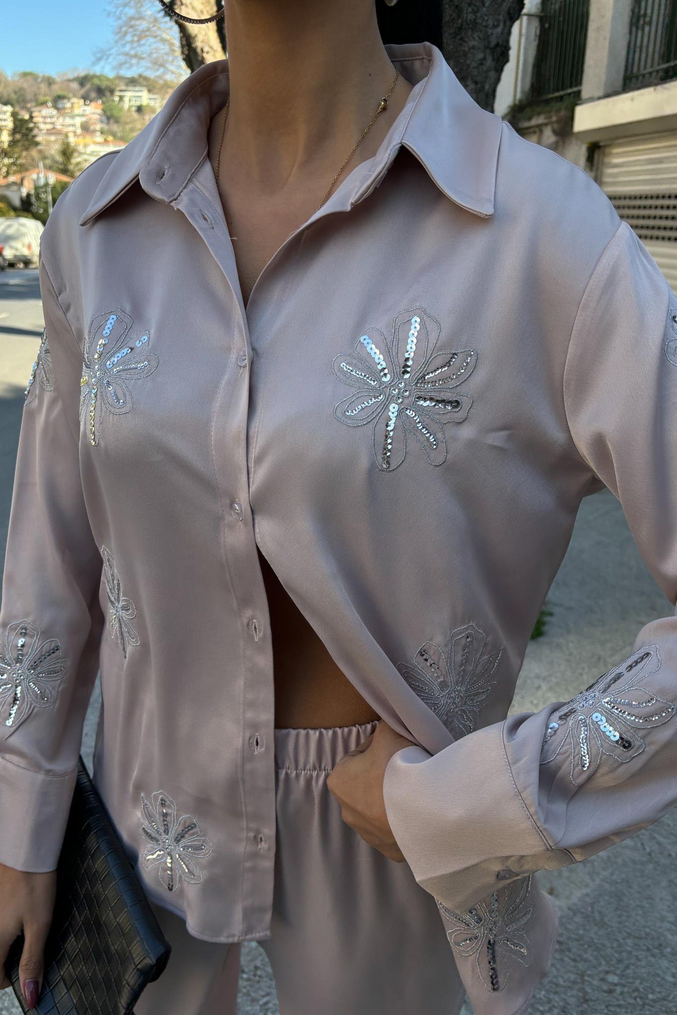 Pul Payetli Simli Çiçekli Saten İkili Takım 10044 R6-A-K3