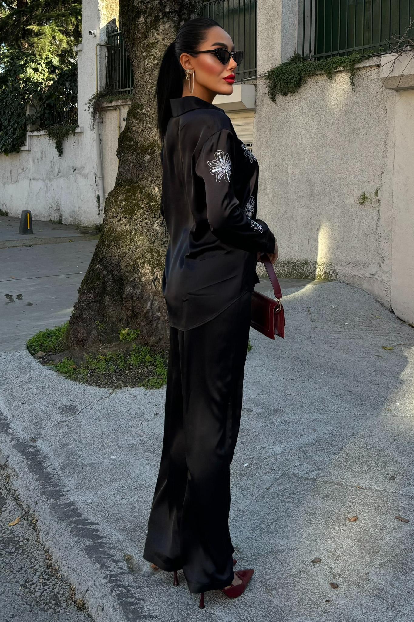 Pul Payetli Simli Çiçekli Saten İkili Takım 10044 R6-A-K3