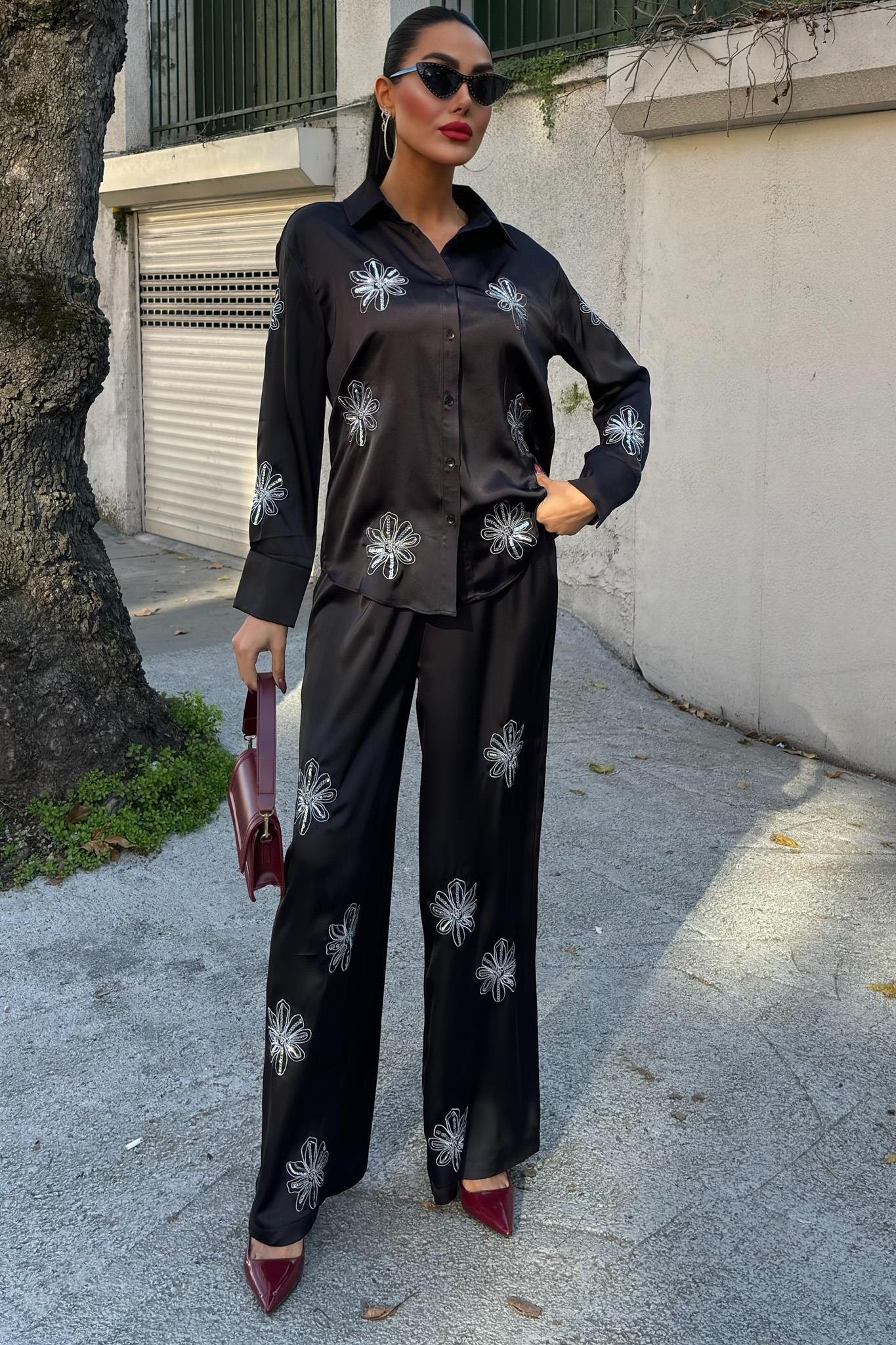 Pul Payetli Simli Çiçekli Saten İkili Takım 10044 R6-A-K3