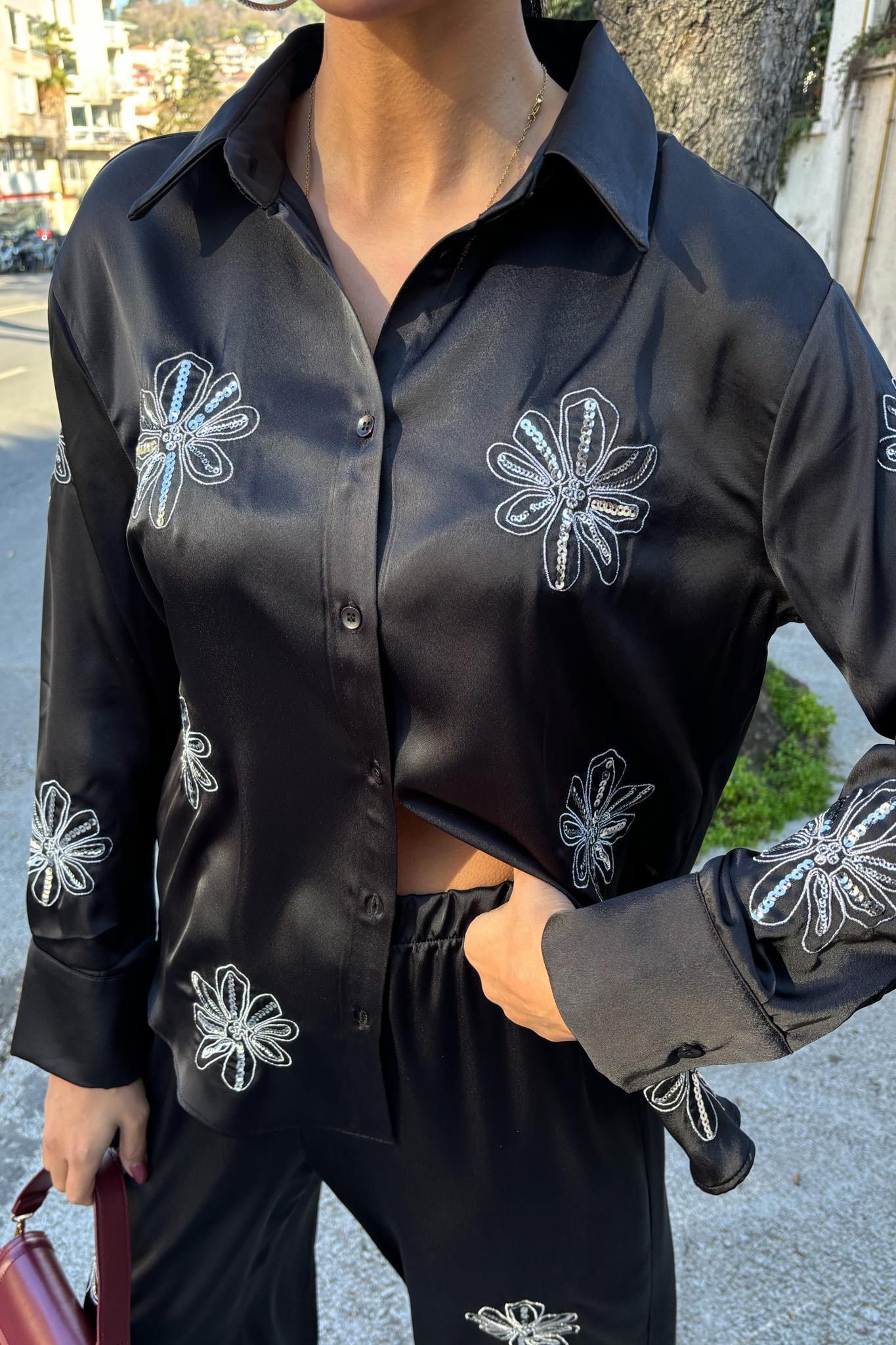 Pul Payetli Simli Çiçekli Saten İkili Takım 10044 R6-A-K3