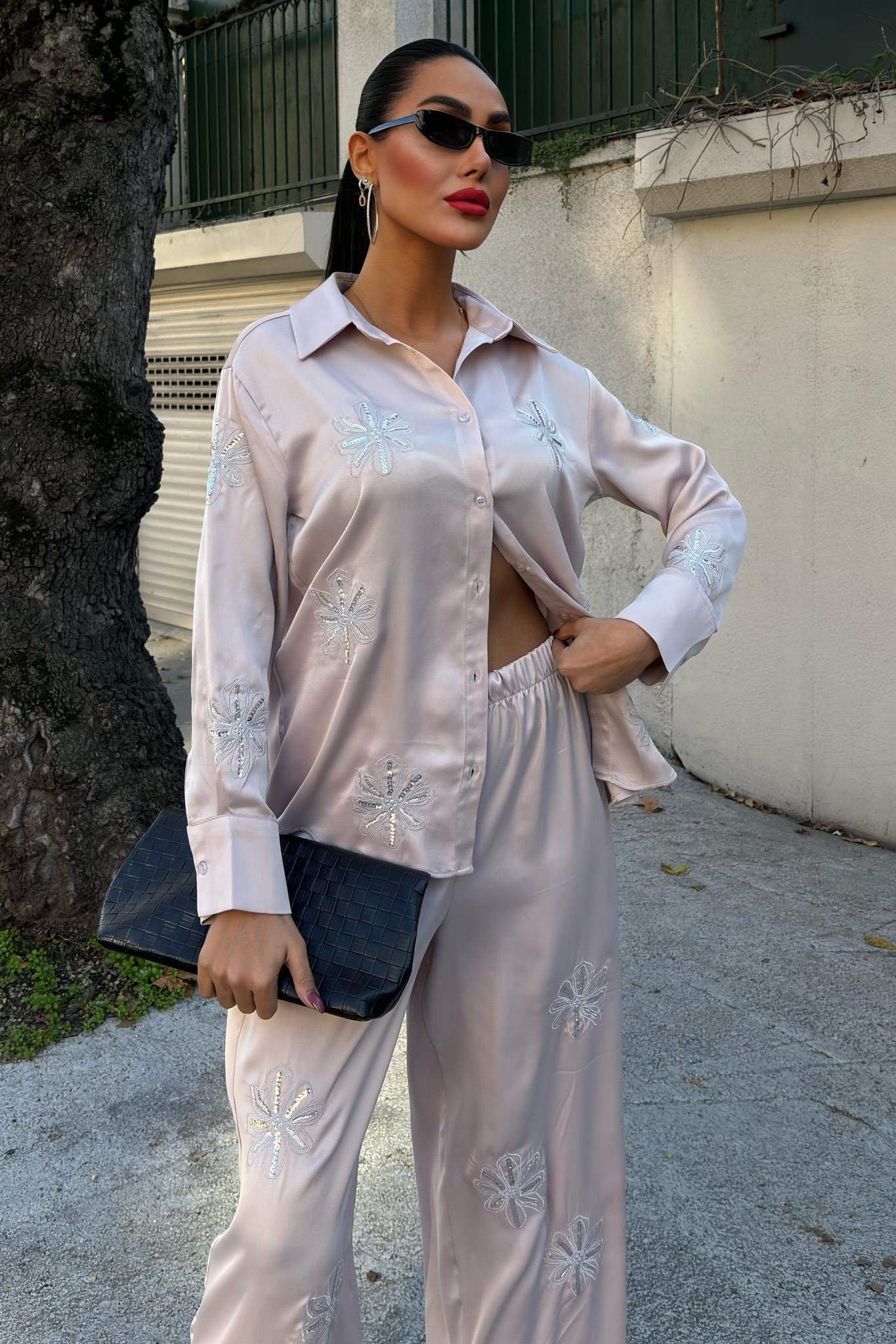 Pul Payetli Simli Çiçekli Saten İkili Takım 10044 R6-A-K3