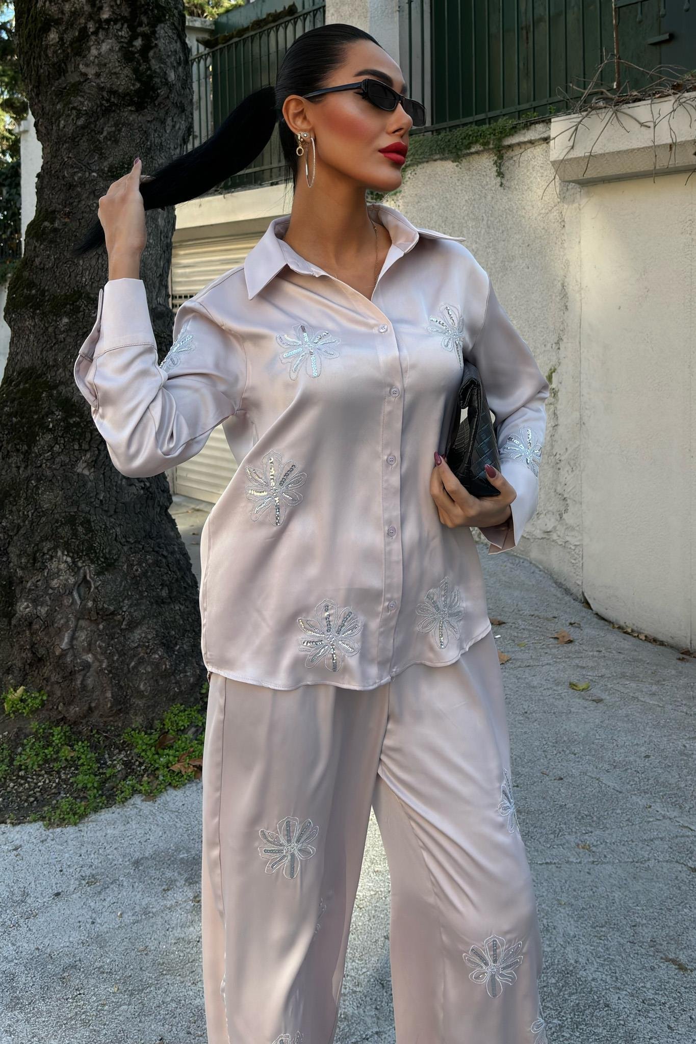 Pul Payetli Simli Çiçekli Saten İkili Takım 10044 R6-A-K3