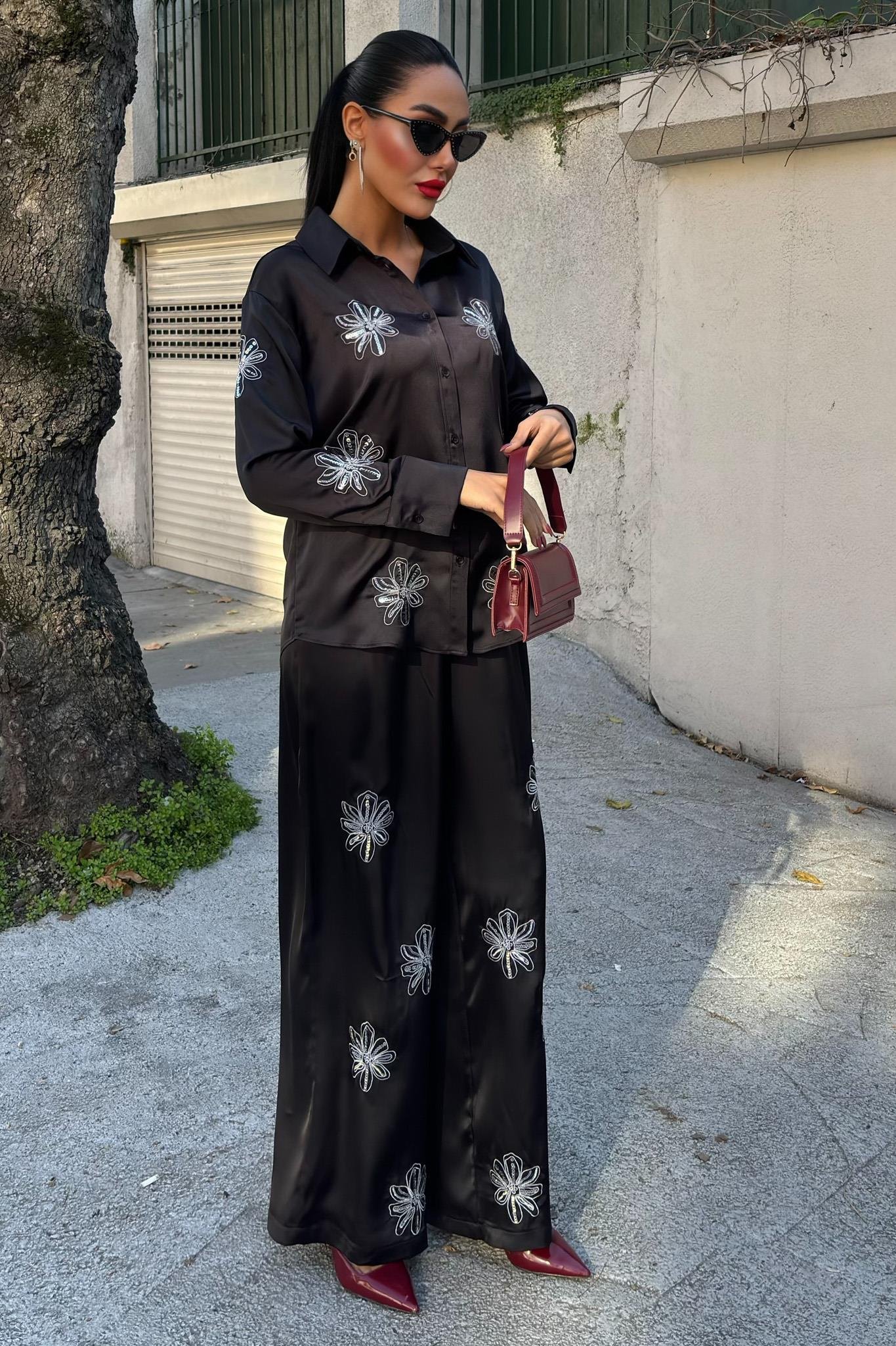 Pul Payetli Simli Çiçekli Saten İkili Takım 10044 R6-A-K3