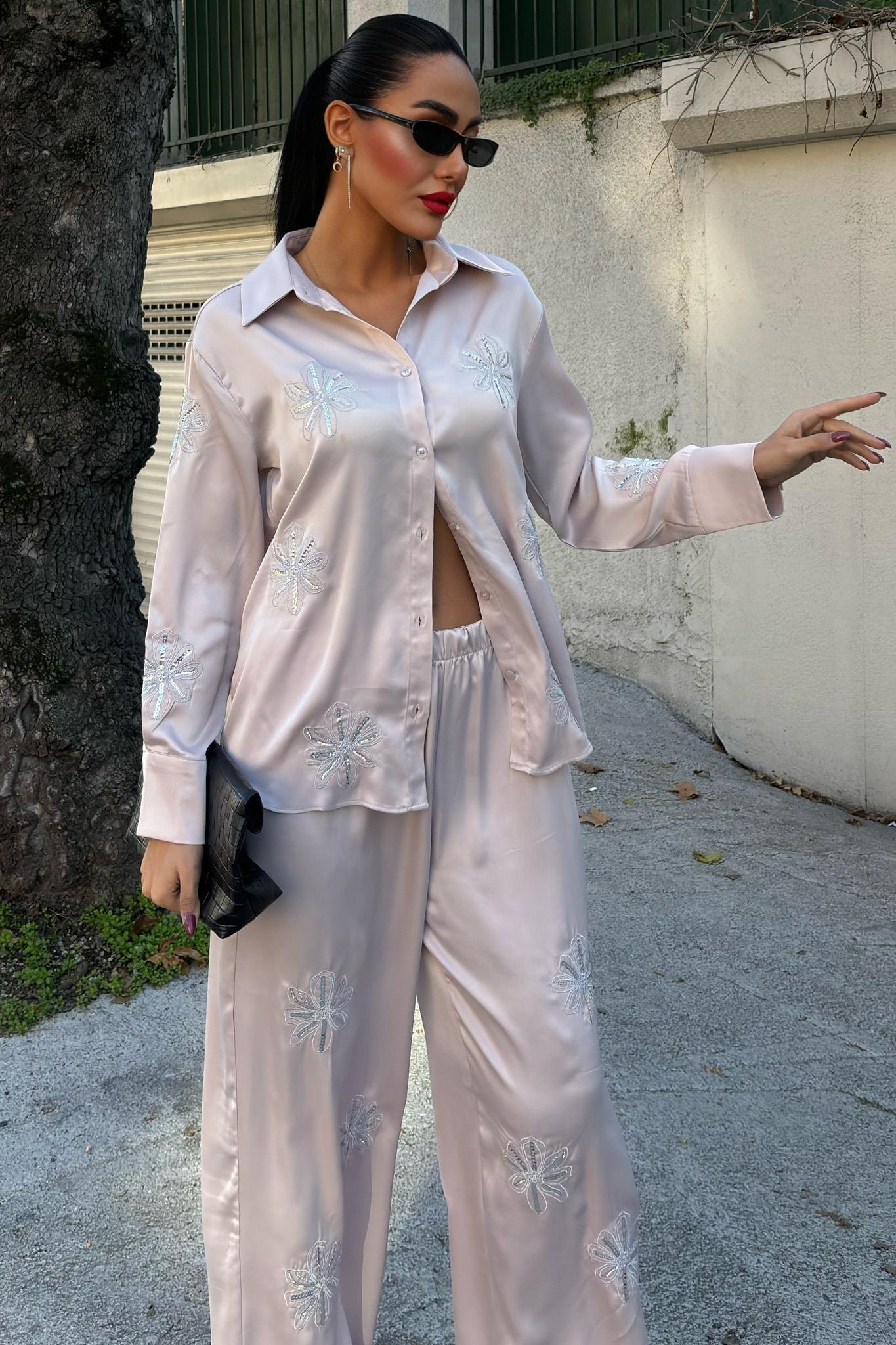 Pul Payetli Simli Çiçekli Saten İkili Takım 10044 R6-A-K3