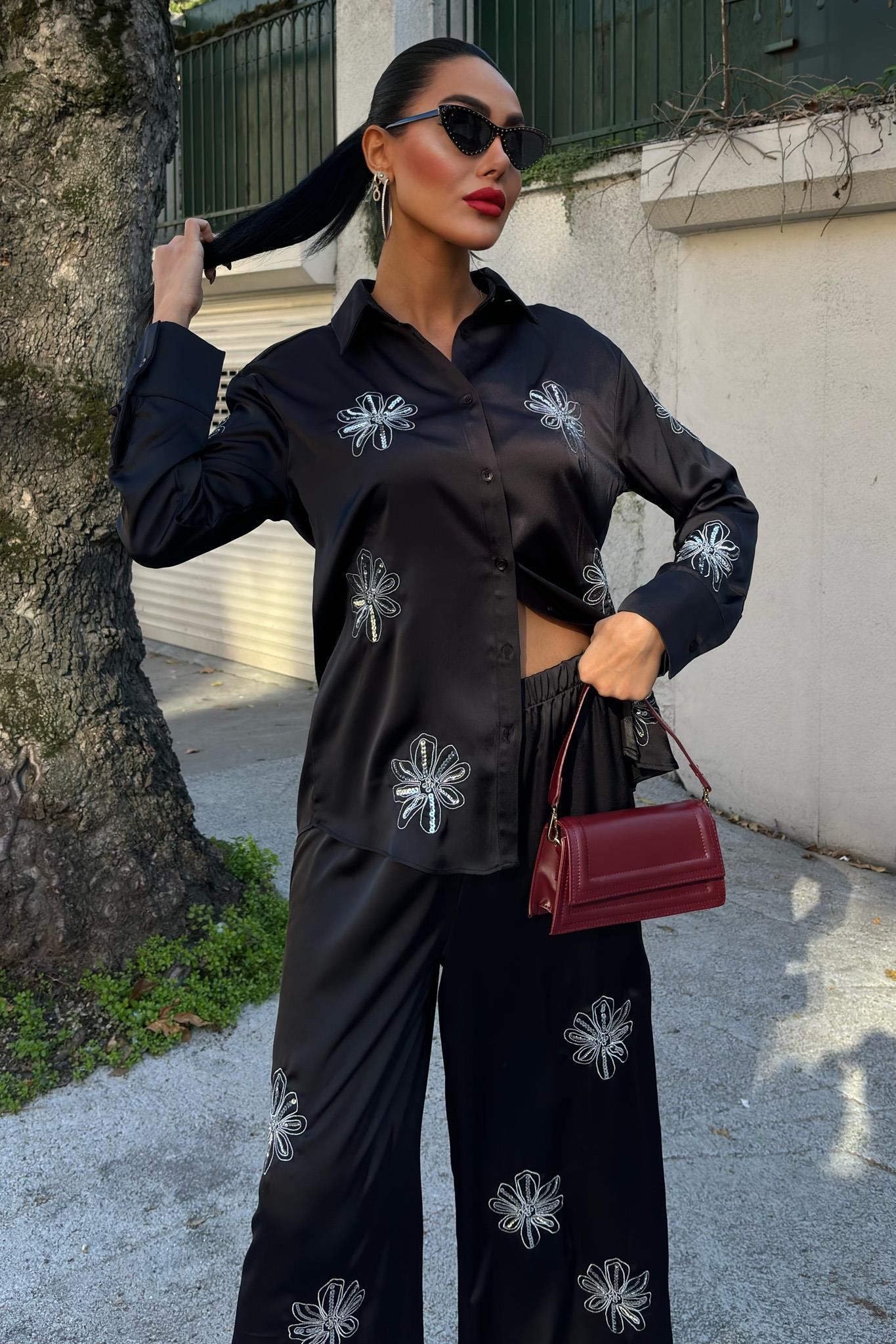 Pul Payetli Simli Çiçekli Saten İkili Takım 10044 R6-A-K3