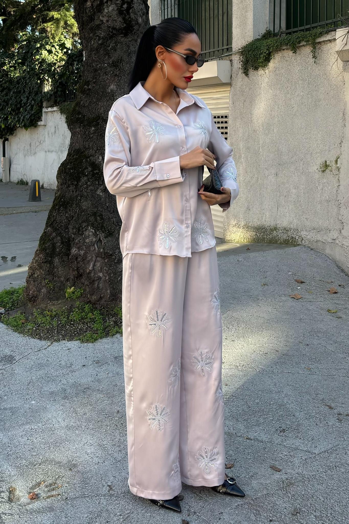 Pul Payetli Simli Çiçekli Saten İkili Takım 10044 R6-A-K3