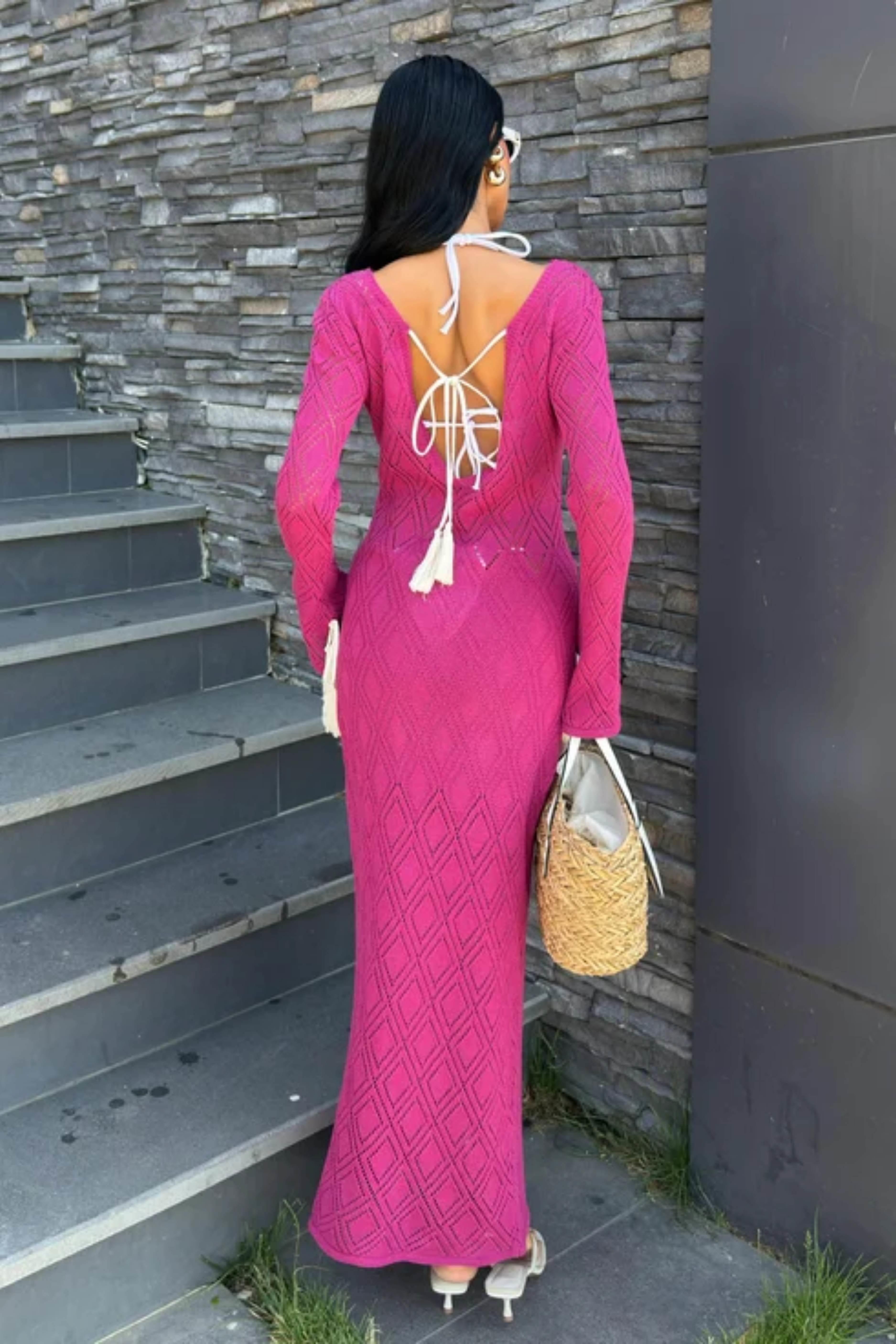 Püskül Bağcık Detaylı V Yaka Ajurlu Elbise 2850 R1-J-K2